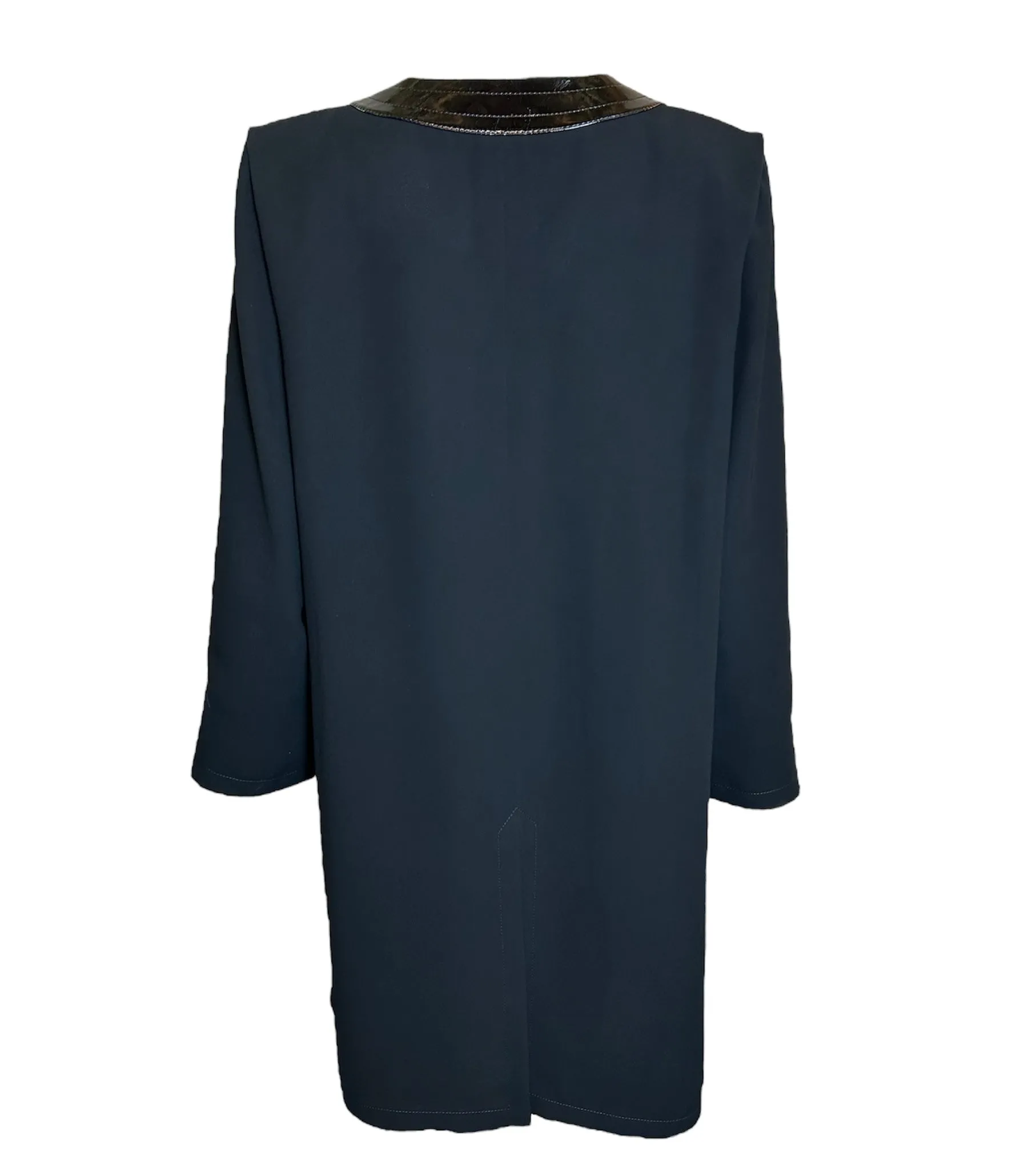 1980s Pierre Cardin Haute Couture Black Crepe Evening Coat with Vinyl Accent