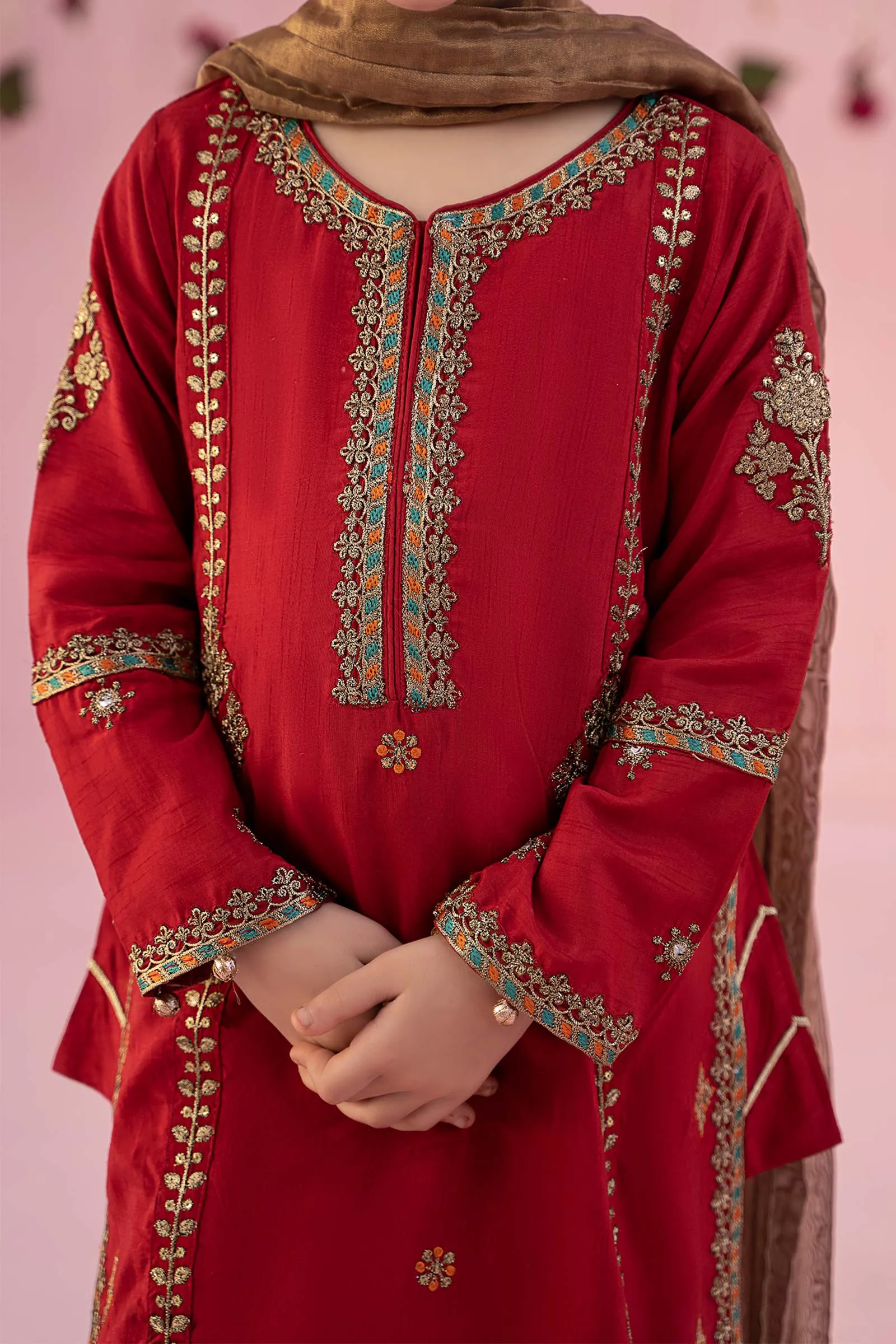 3 Piece Embroidered Raw Silk Suit | MKS-EF24-03