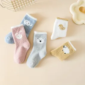 5 Pairs Of Baby Girl's Cute Animals Cartoon Pattern Knitted Socks, Thermal Comfy Breathable Soft Quarter Socks For Babies Winter & Autumn Wearing