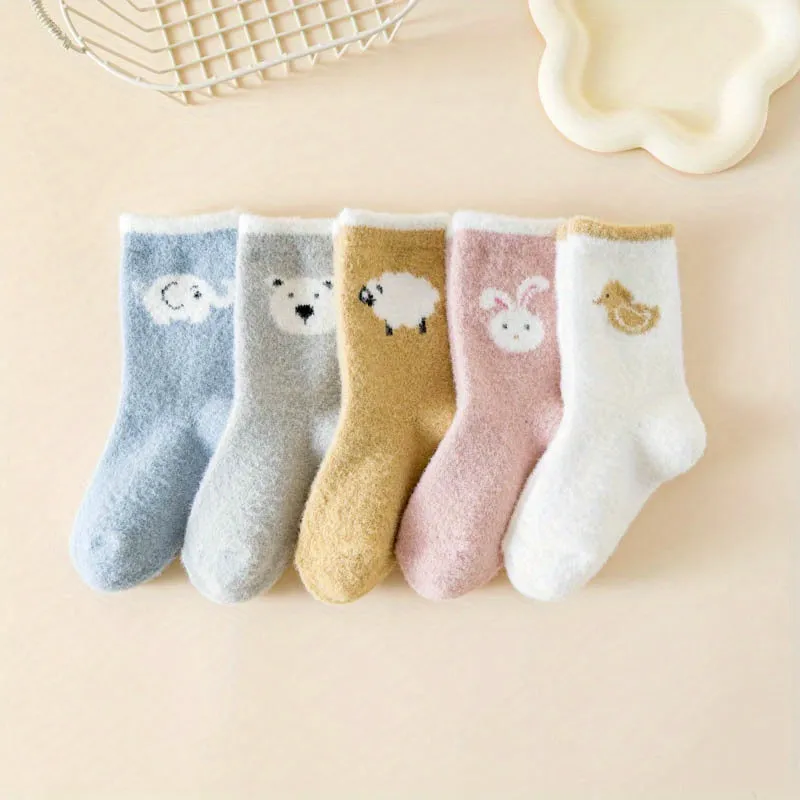 5 Pairs Of Baby Girl's Cute Animals Cartoon Pattern Knitted Socks, Thermal Comfy Breathable Soft Quarter Socks For Babies Winter & Autumn Wearing