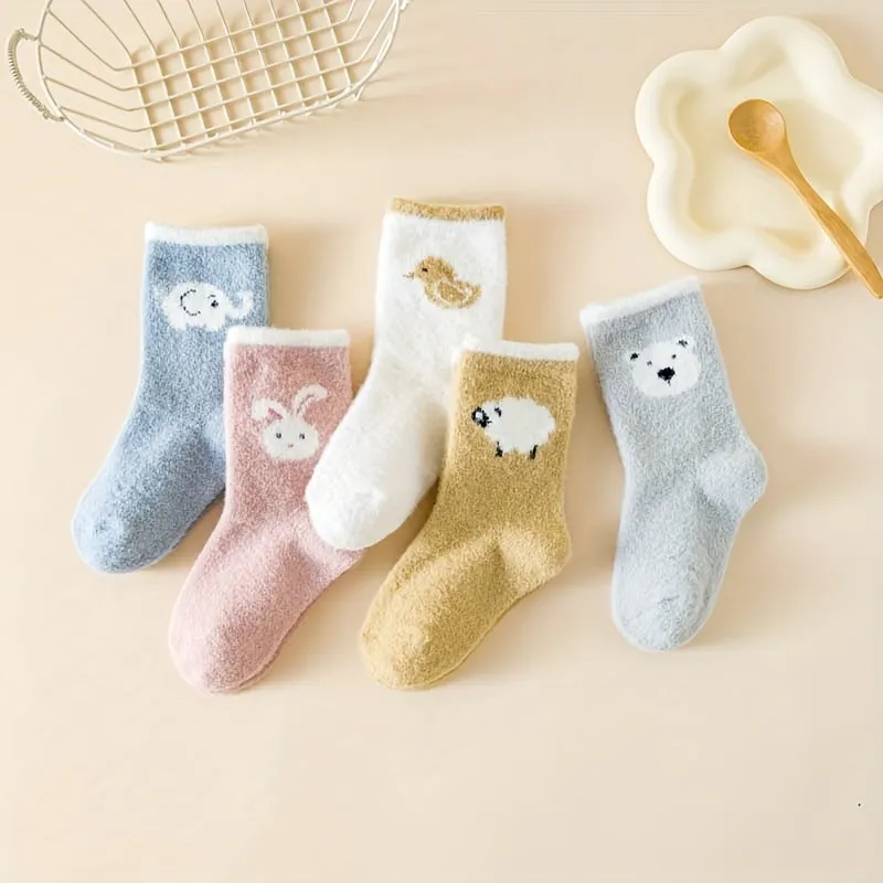 5 Pairs Of Baby Girl's Cute Animals Cartoon Pattern Knitted Socks, Thermal Comfy Breathable Soft Quarter Socks For Babies Winter & Autumn Wearing