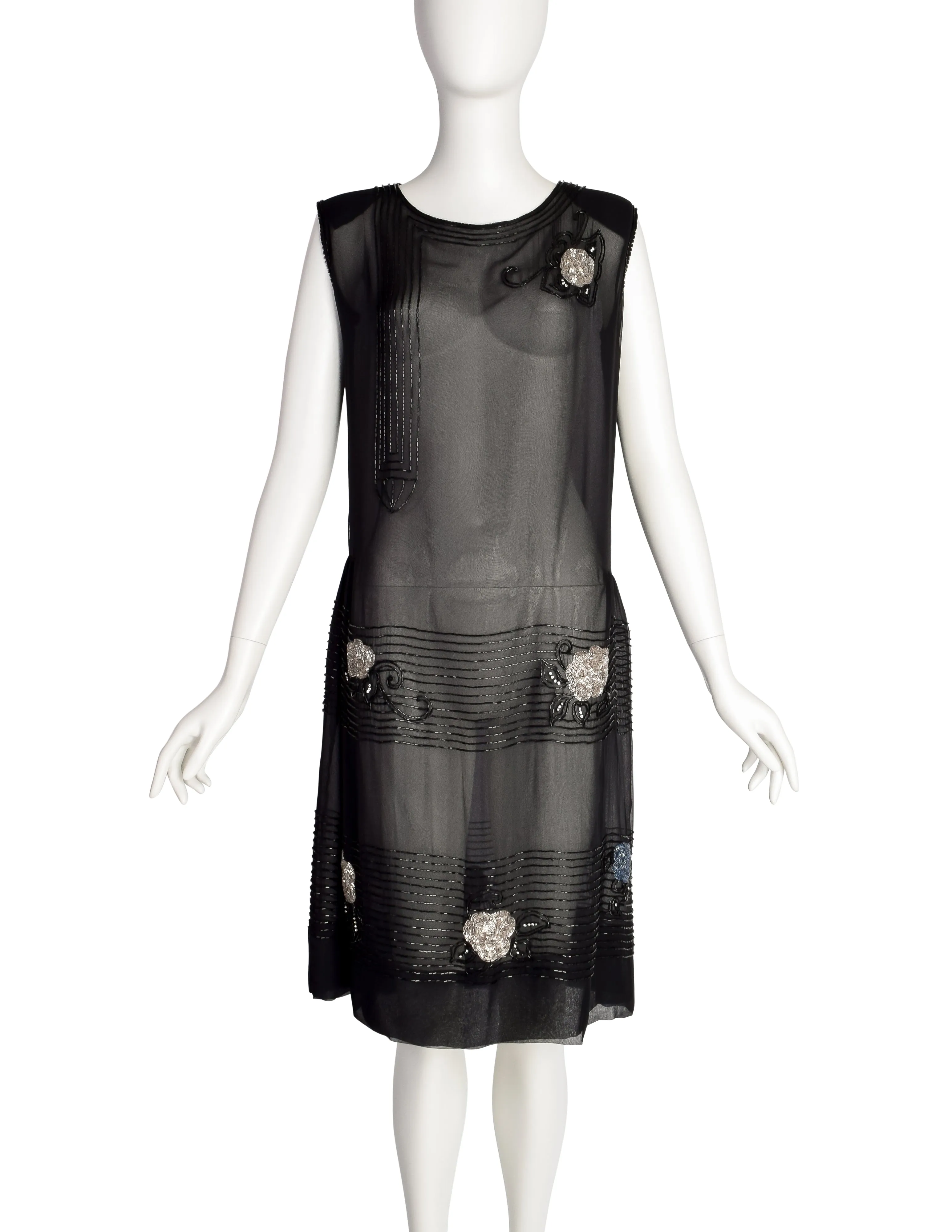 Abby Fredelle Vintage 80s Does 20s Black Sheer Silk Chiffon Beaded Flapper Style Dress