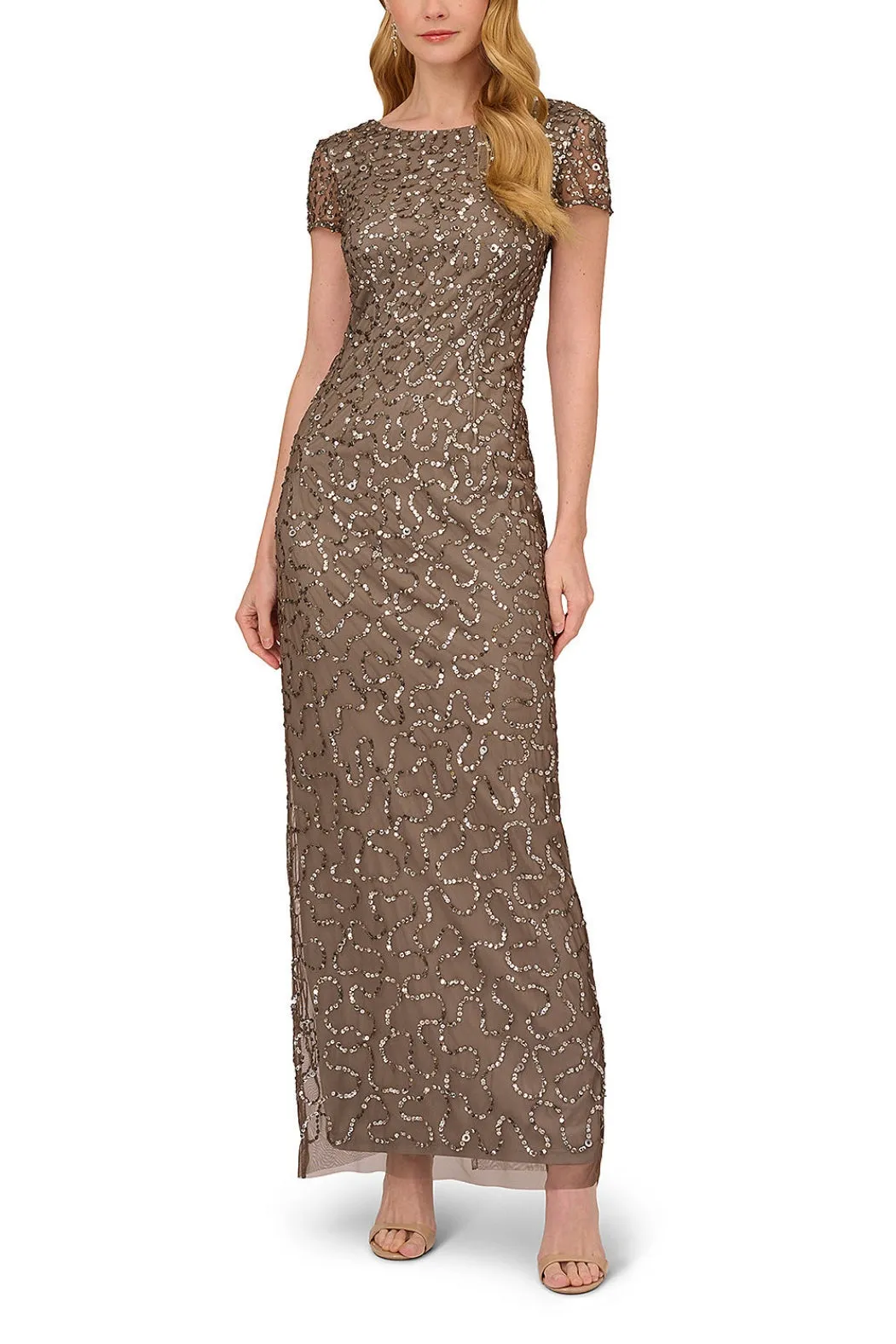 Adrianna Papell Beaded Short Sleeve Gown