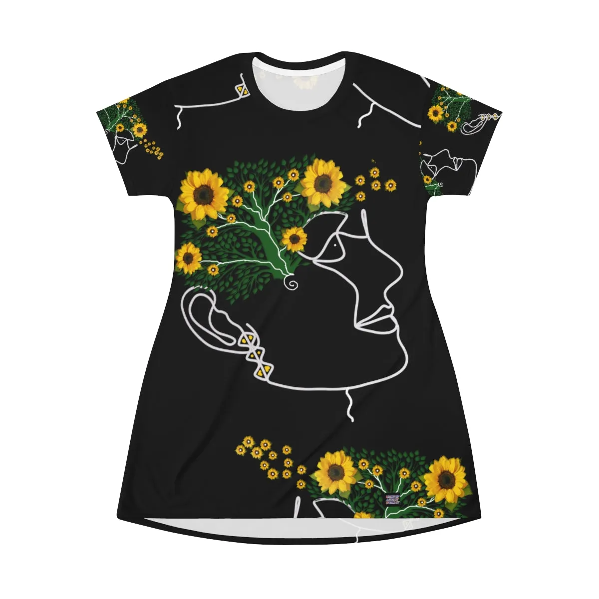 All Over Print T-Shirt Dress SUNFLOWERS ON BLACK