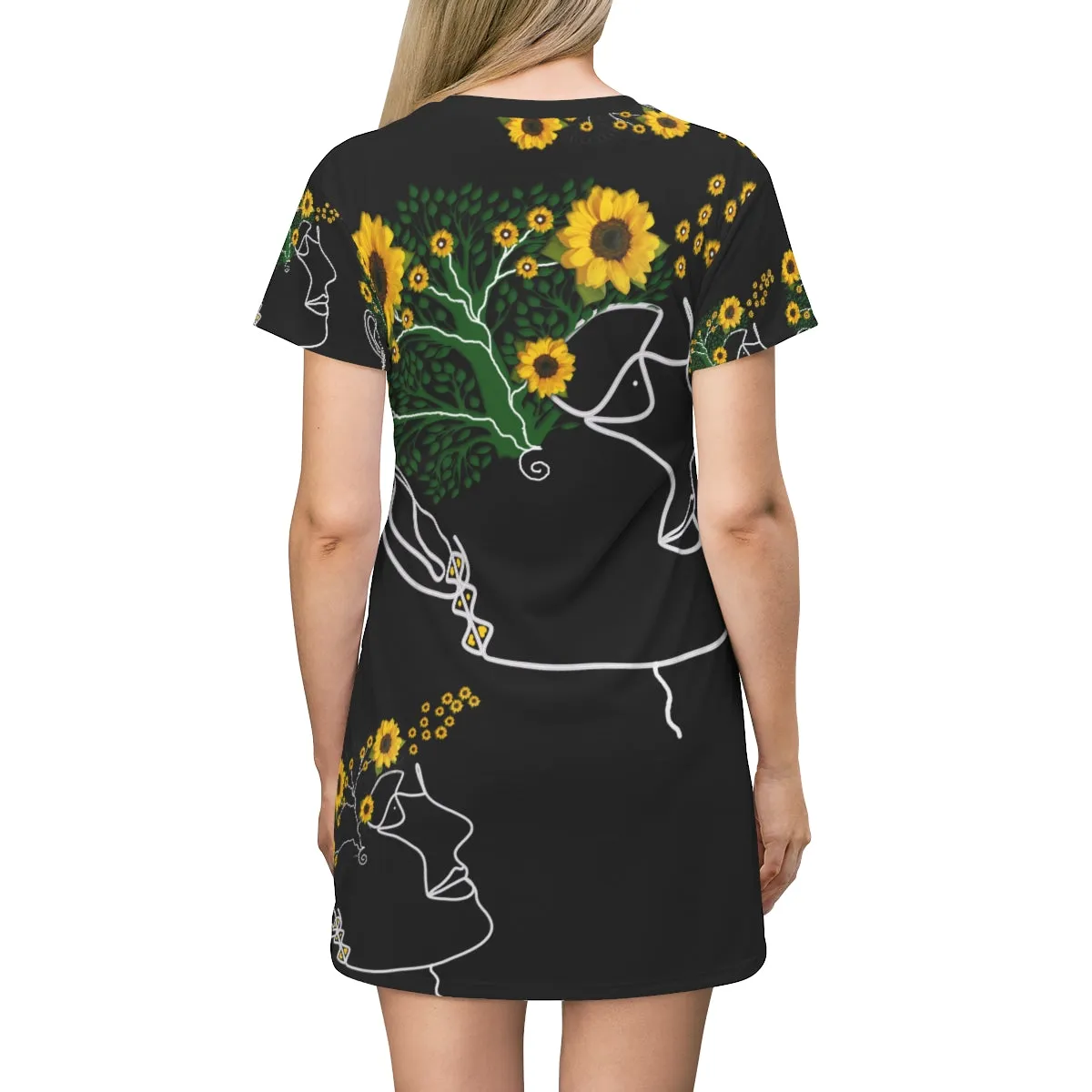 All Over Print T-Shirt Dress SUNFLOWERS ON BLACK