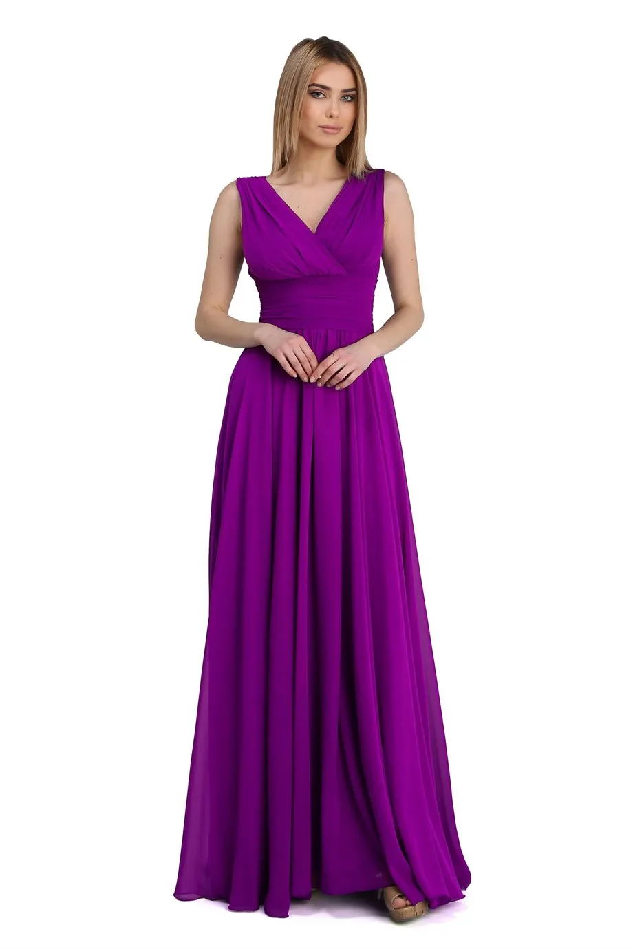 Angelino Fuchsia Chiffon V -Neck Long Evening Dress