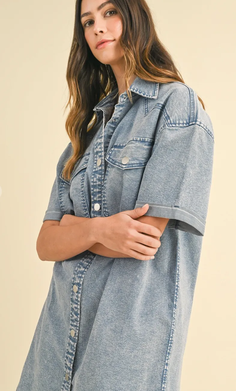 AnnieWear Denim Stretched Button Down Shirt Dress