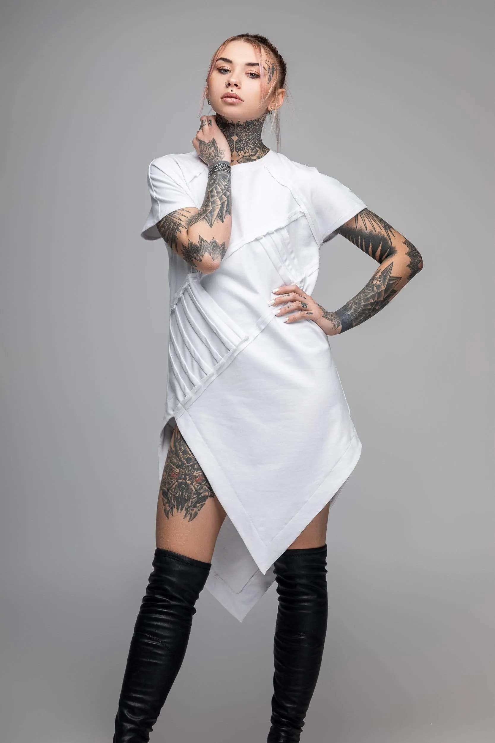 Asymmetric white T-shirt dress