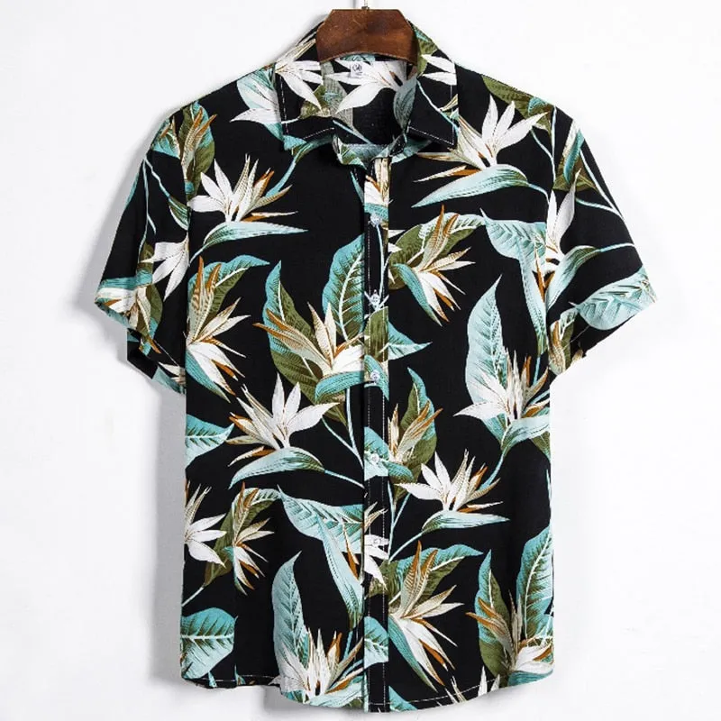 Black Hawaiian Floral Print Short Sleeve Shirt