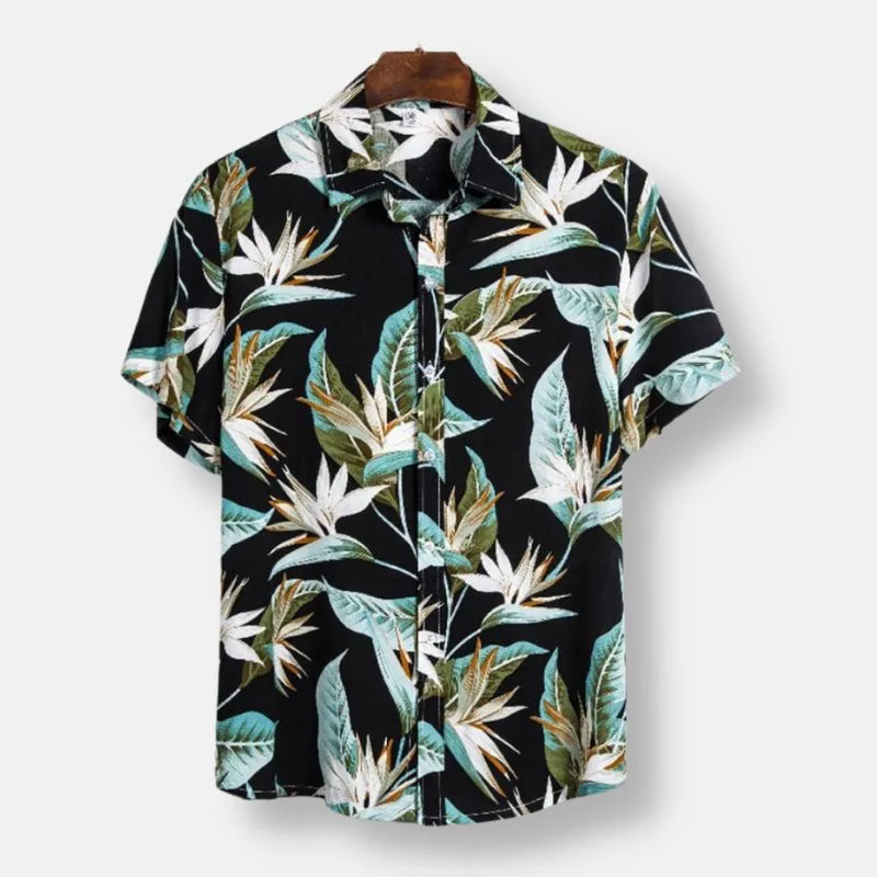 Black Hawaiian Floral Print Short Sleeve Shirt