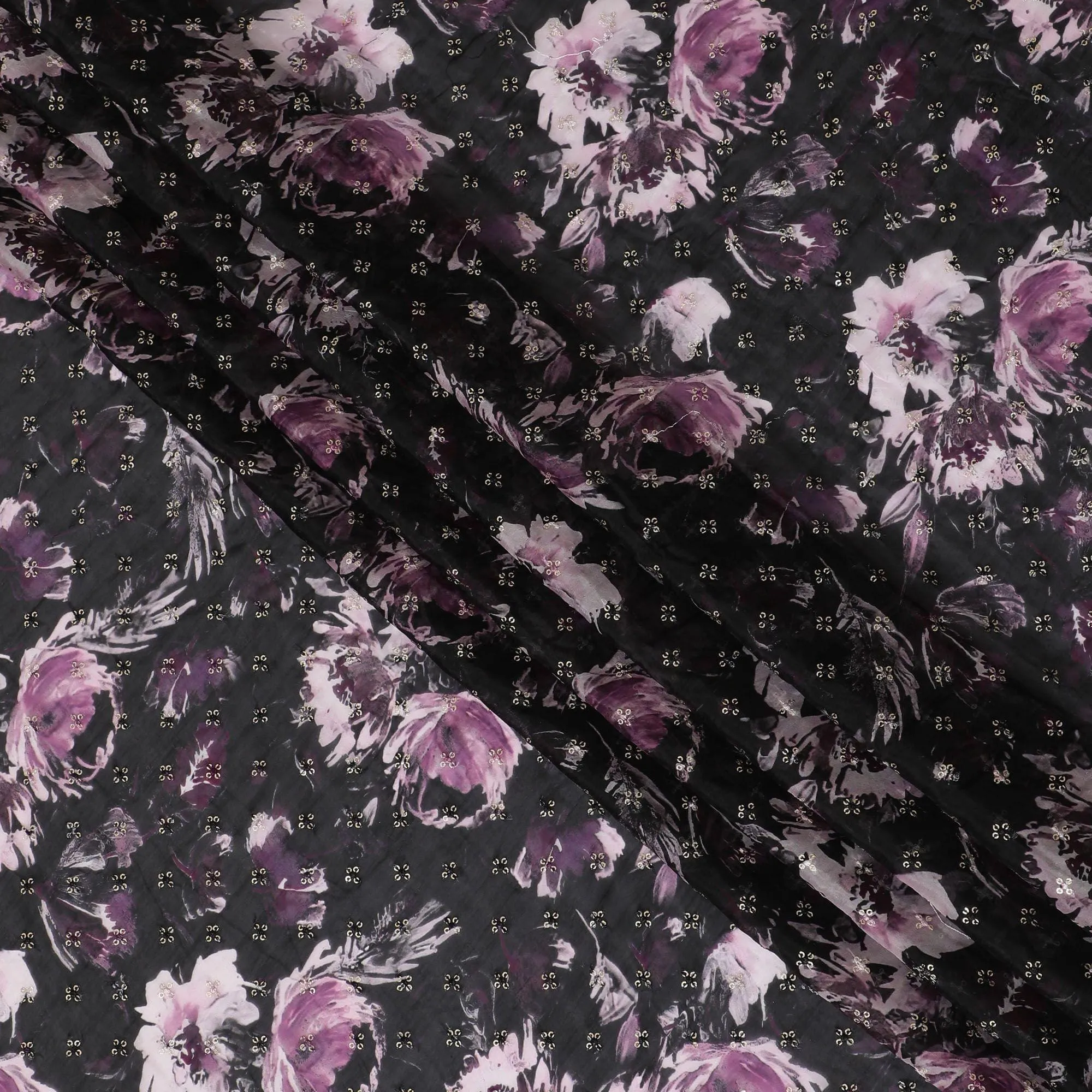 Black synthetic chiffon fabric with with plum and light pink print having gold sequin embroidery in floral design-D15439