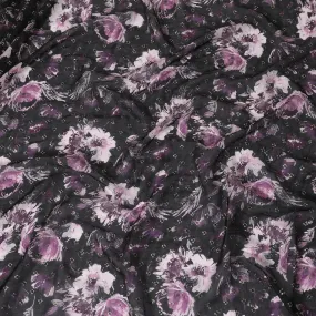 Black synthetic chiffon fabric with with plum and light pink print having gold sequin embroidery in floral design-D15439