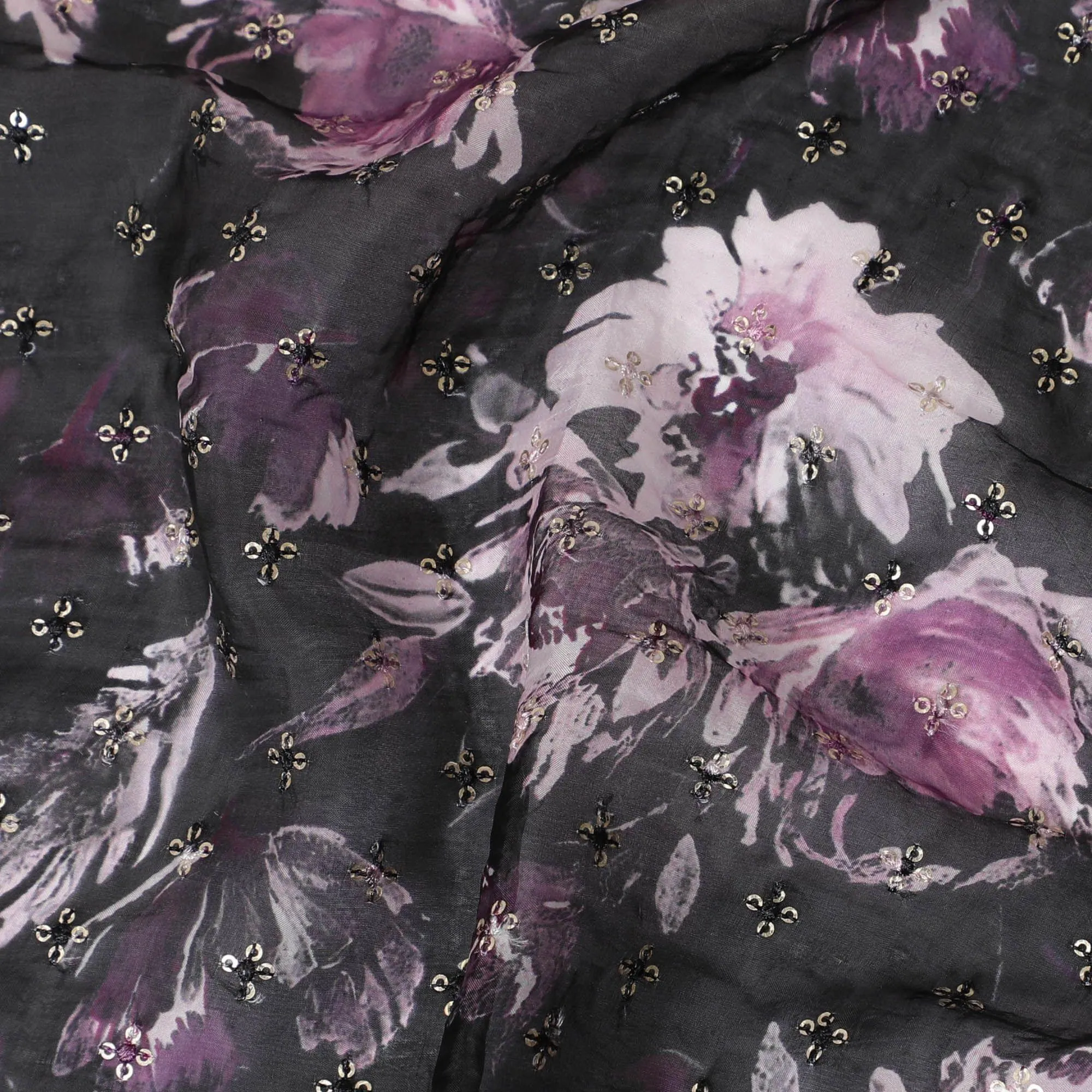 Black synthetic chiffon fabric with with plum and light pink print having gold sequin embroidery in floral design-D15439