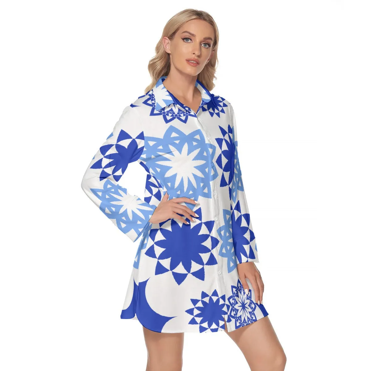 Blue Flowers Women's Long Sleeve Shirt Dress