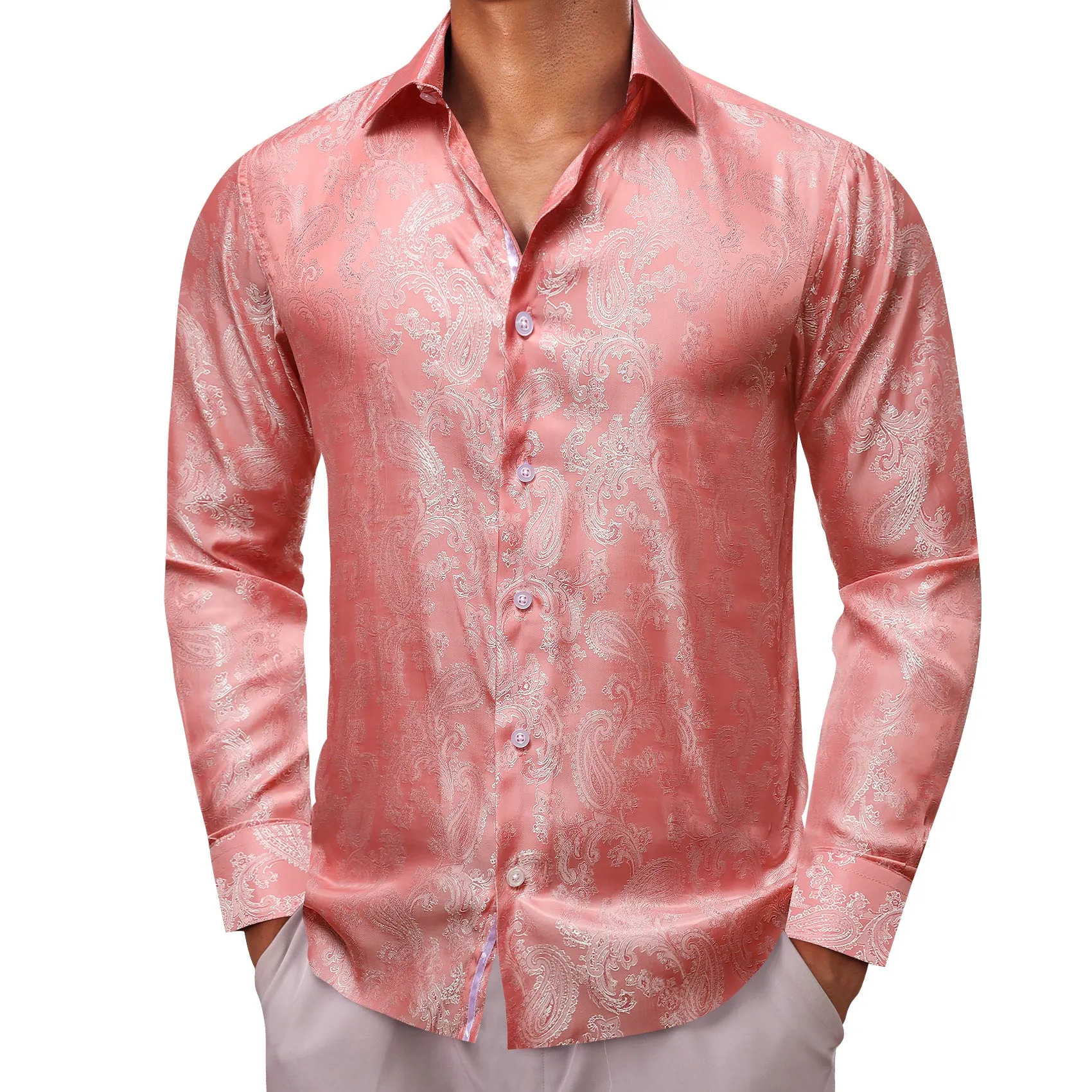 Blush pink Paisley Style Casual Silk Men's Long Sleeve Button Shirt