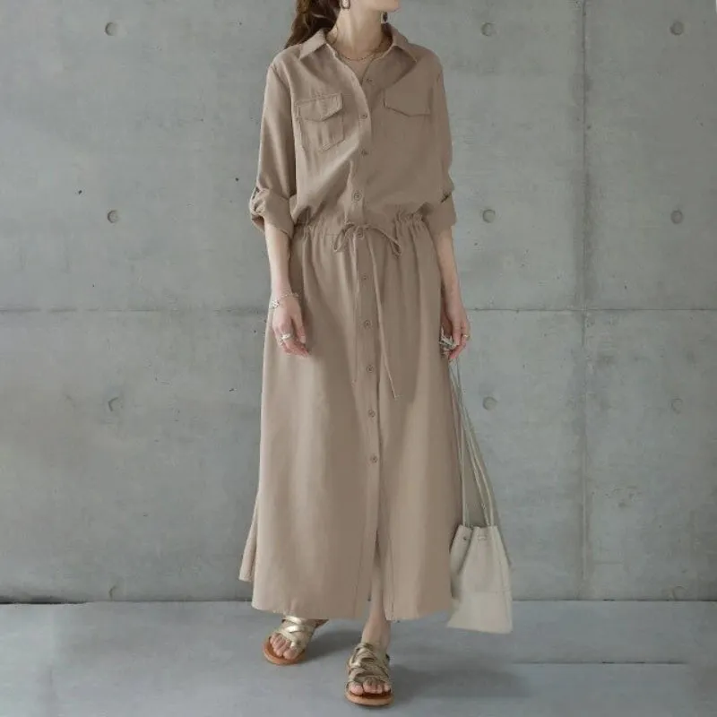 Casual Turn Down Collar Belted Maxi Dress with Pockets