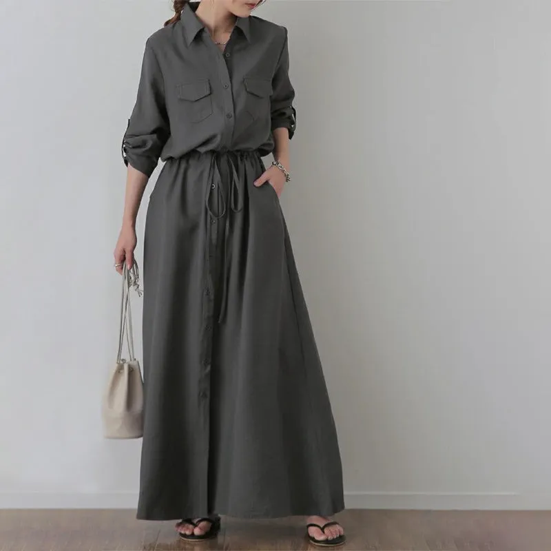 Casual Turn Down Collar Belted Maxi Dress with Pockets