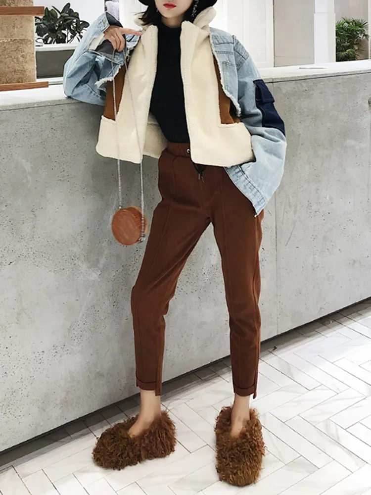 Casual Winter Coat For Women Lapel Long Sleeve Patchwork LambsWool Colorblock Thick Coats Female Clothing