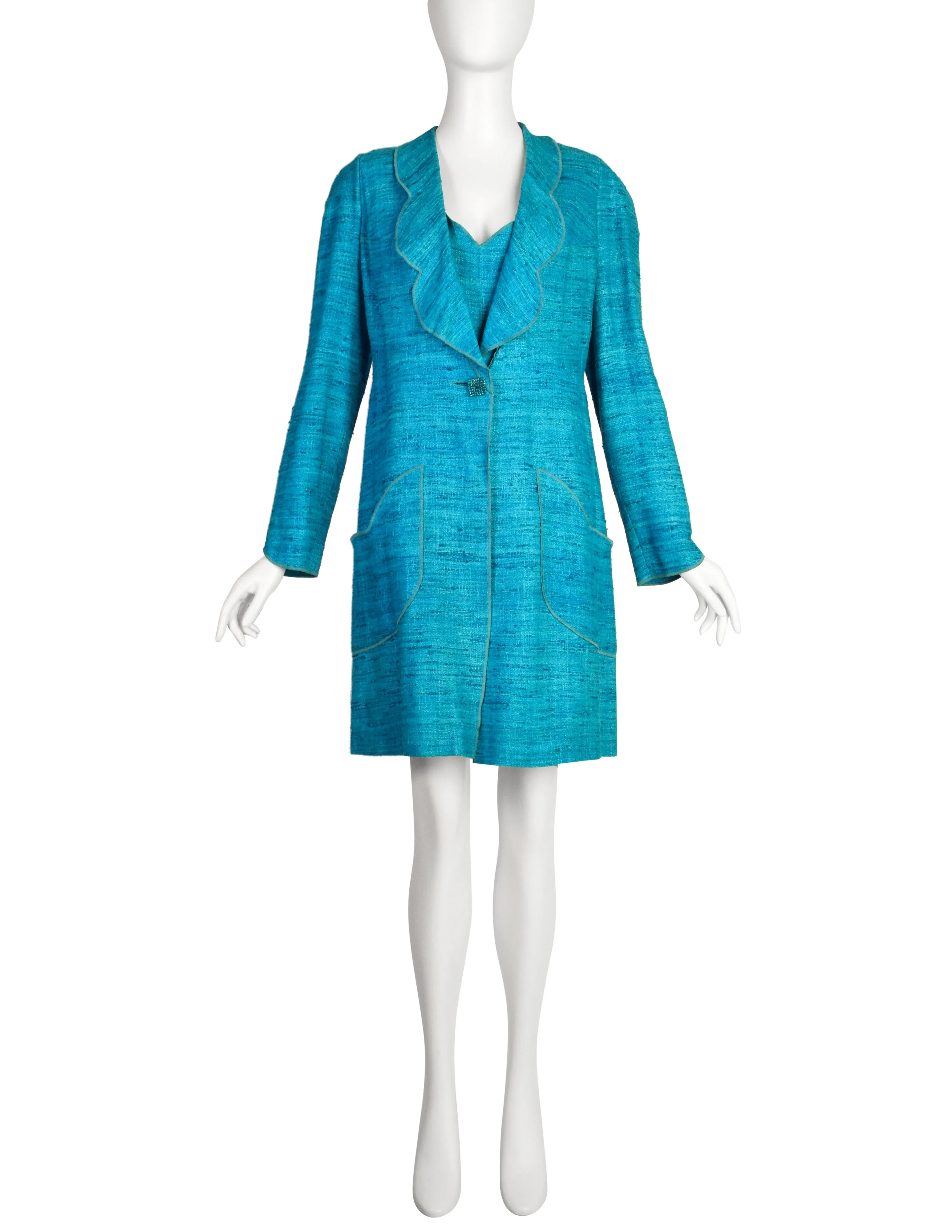 Chloe Vintage SS 1997 by Karl Lagerfeld Turquoise Scalloped Raw Silk Linen Dress & Coat Ensemble Set