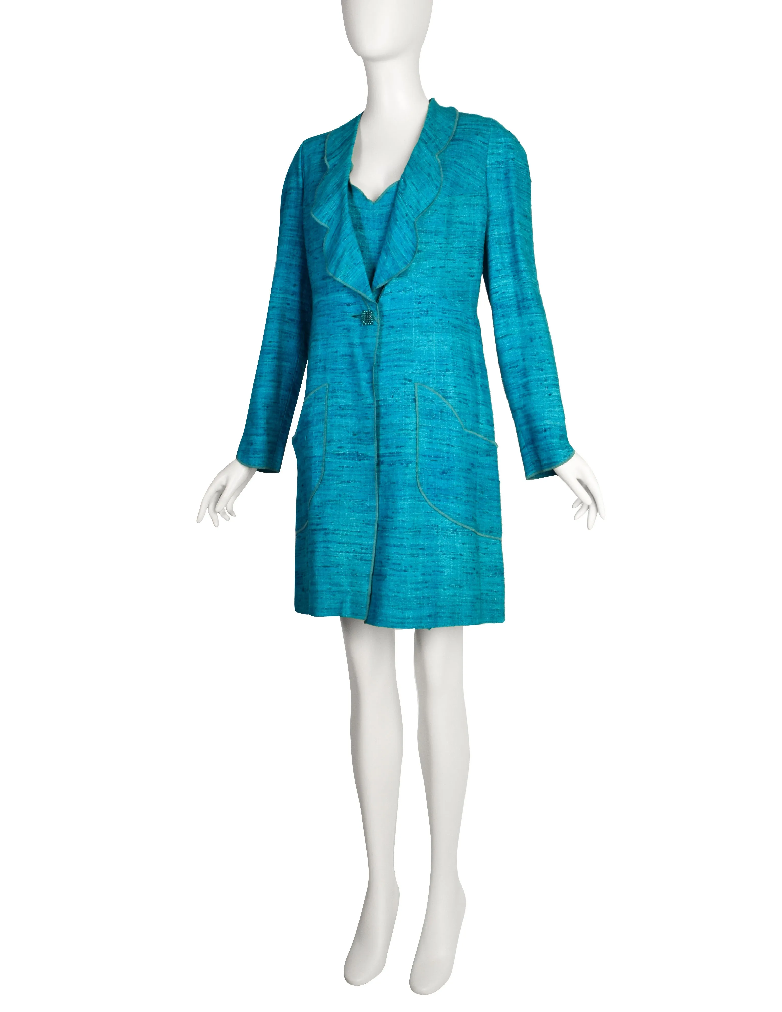 Chloe Vintage SS 1997 by Karl Lagerfeld Turquoise Scalloped Raw Silk Linen Dress & Coat Ensemble Set