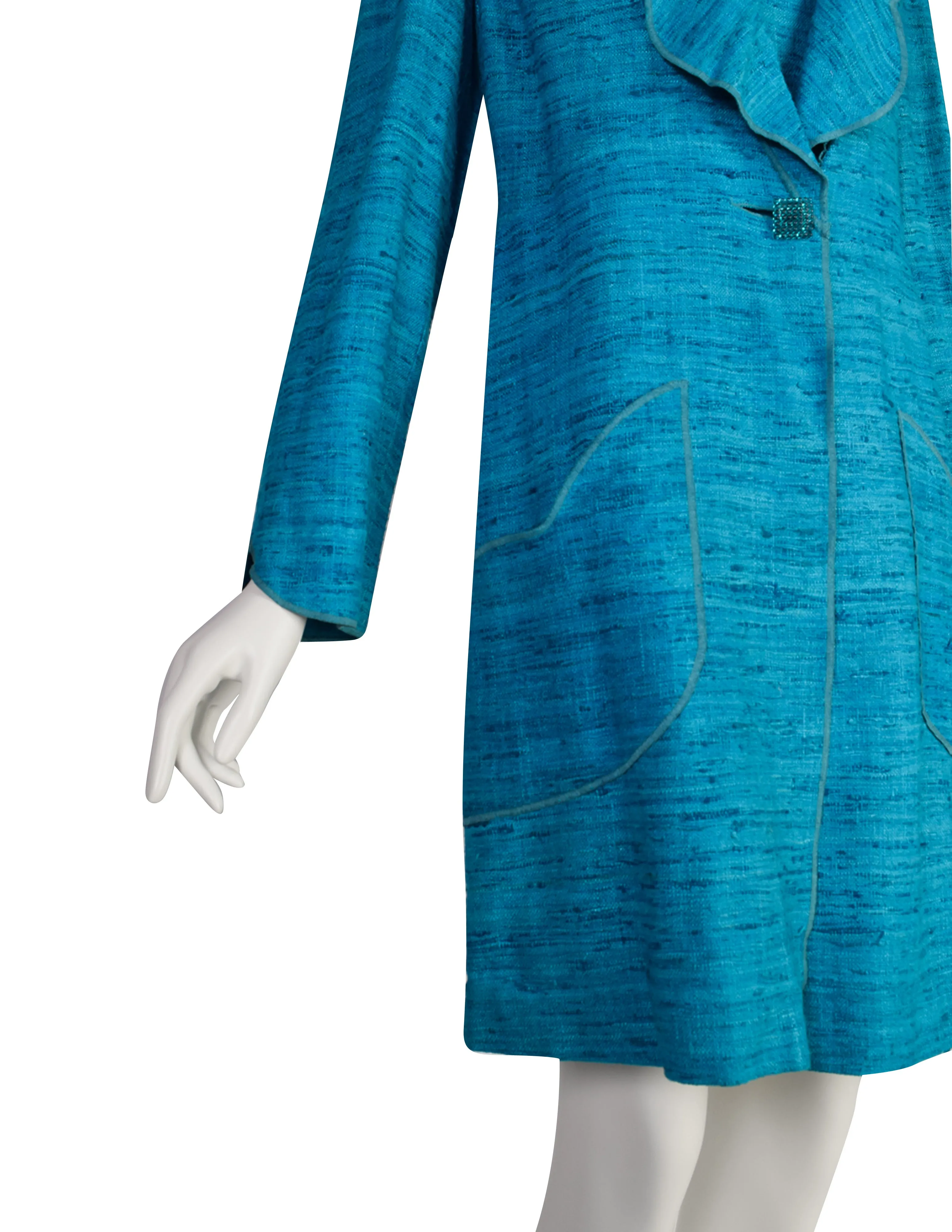 Chloe Vintage SS 1997 by Karl Lagerfeld Turquoise Scalloped Raw Silk Linen Dress & Coat Ensemble Set