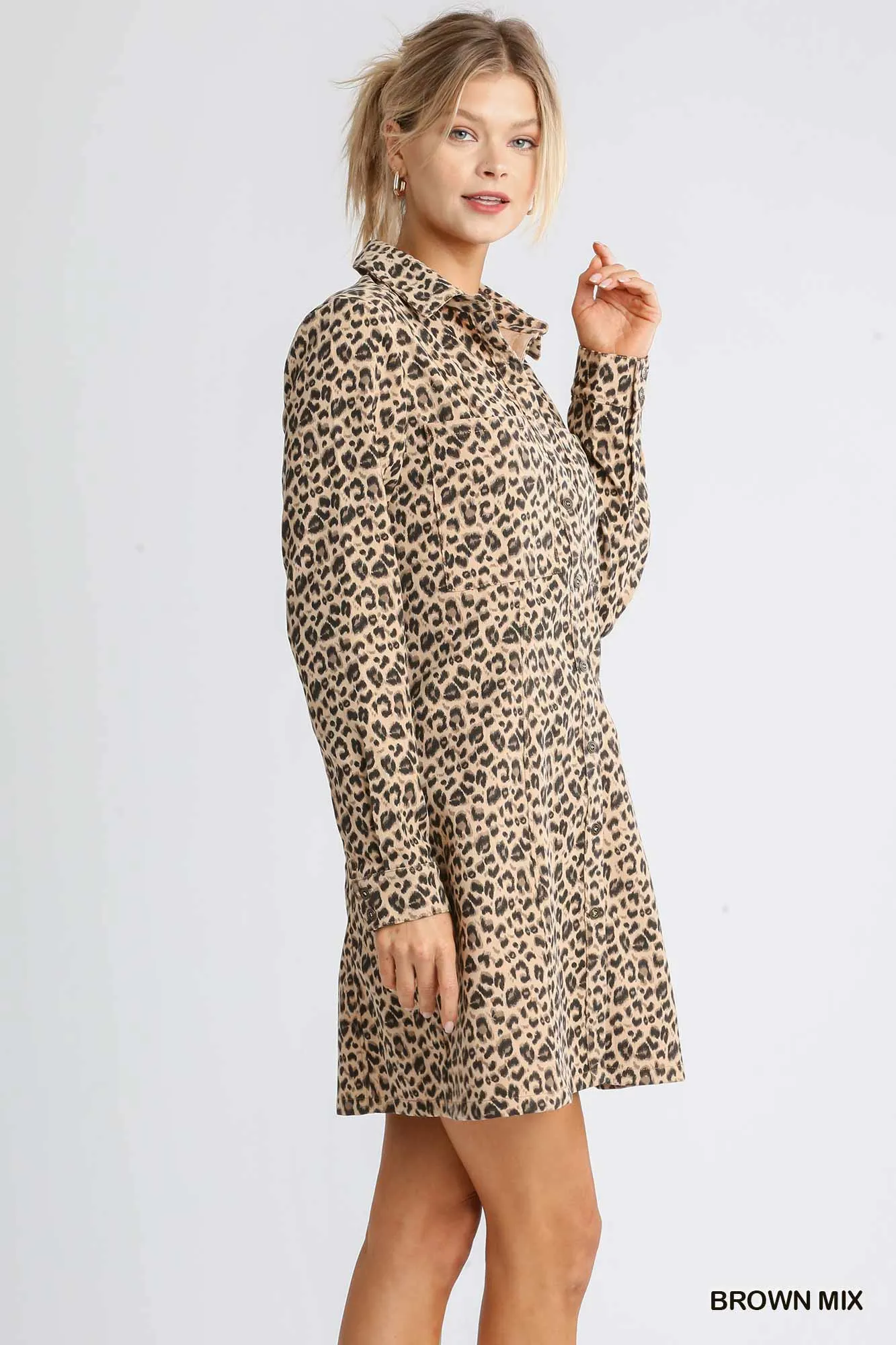 Corduroy Animal Print Collar Button Down Shirt Dress with Chest Pockets