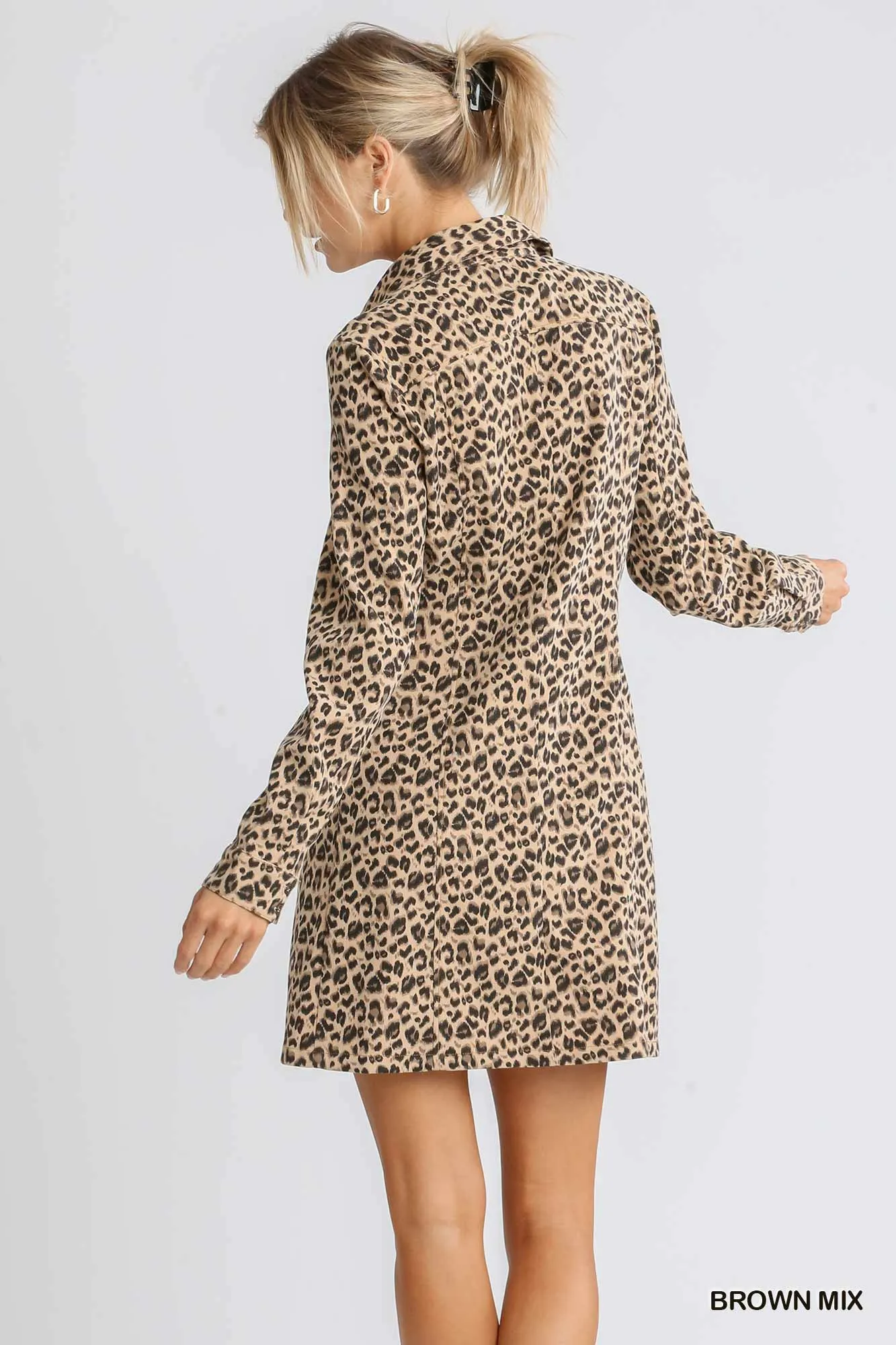 Corduroy Animal Print Collar Button Down Shirt Dress with Chest Pockets