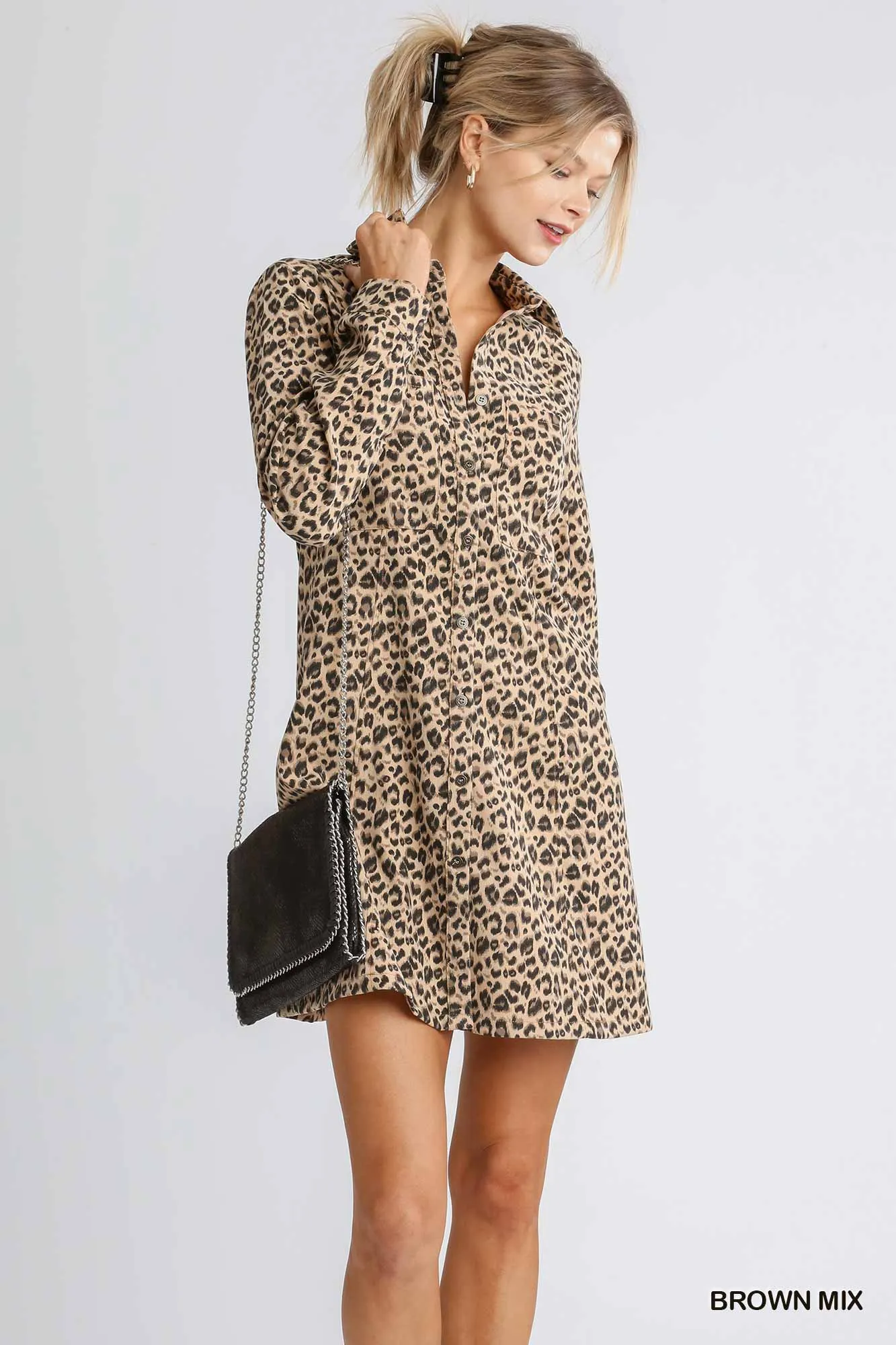 Corduroy Animal Print Collar Button Down Shirt Dress with Chest Pockets