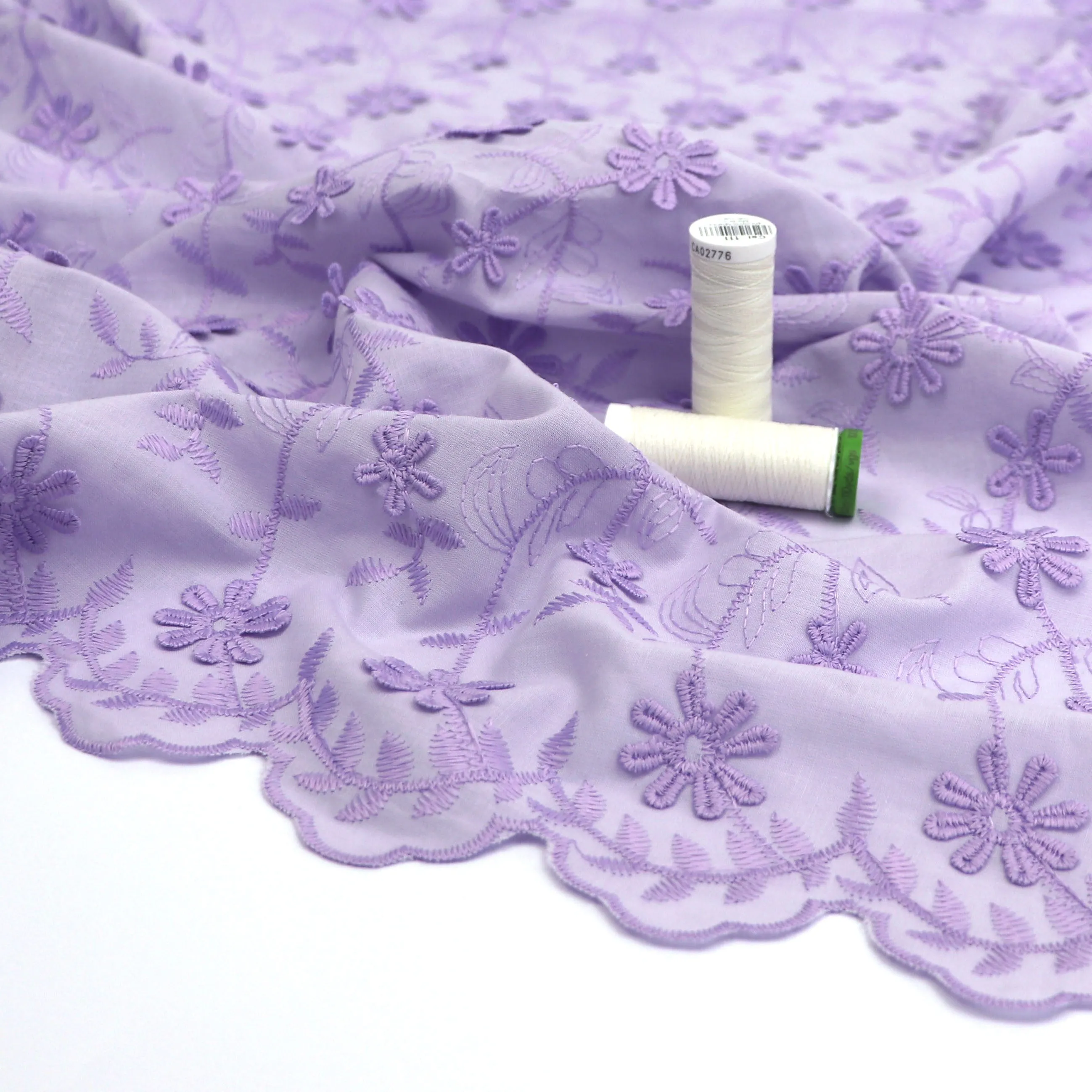 Cotton Voile - Embroidered 3D Flower - Lilac Purple - SALE