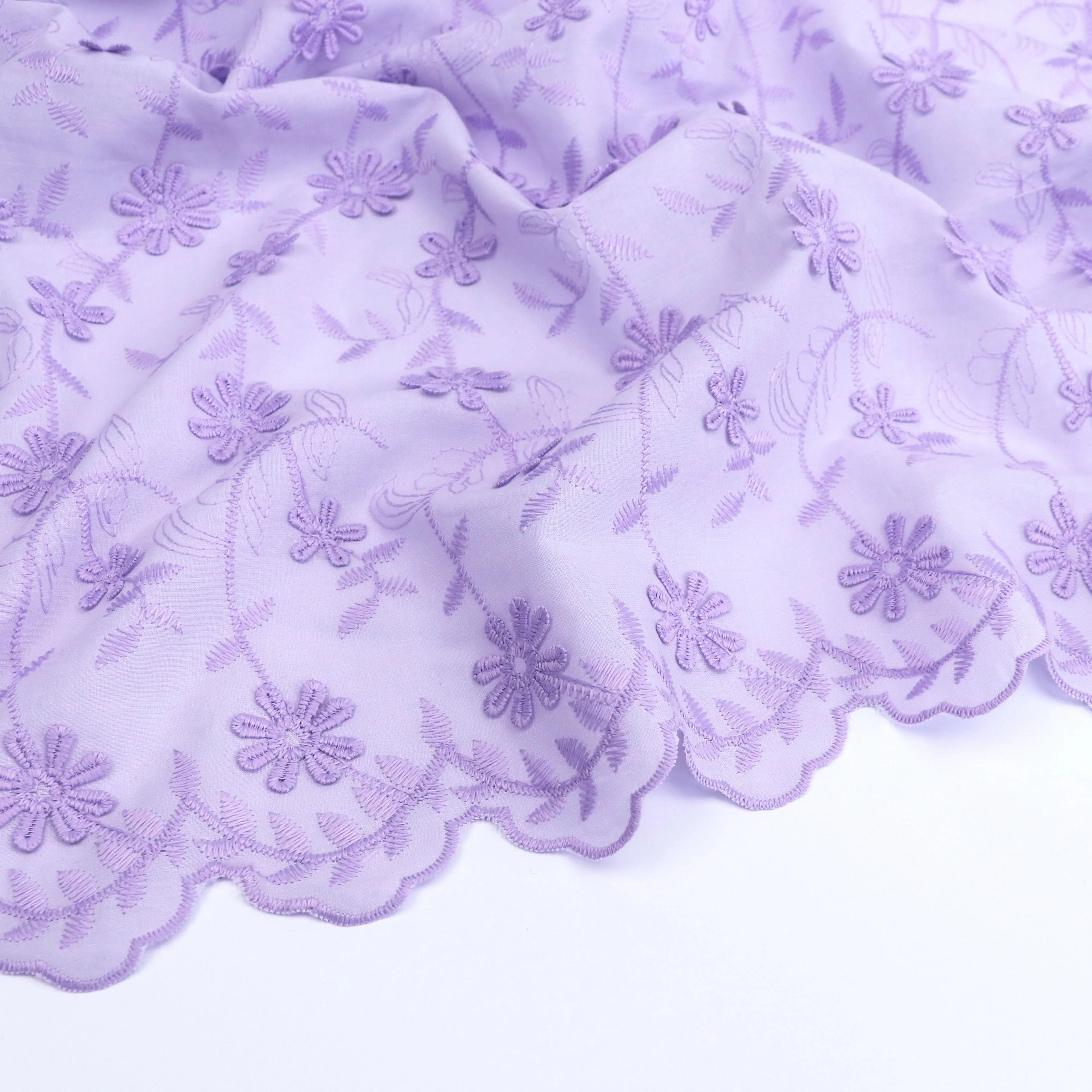 Cotton Voile - Embroidered 3D Flower - Lilac Purple - SALE