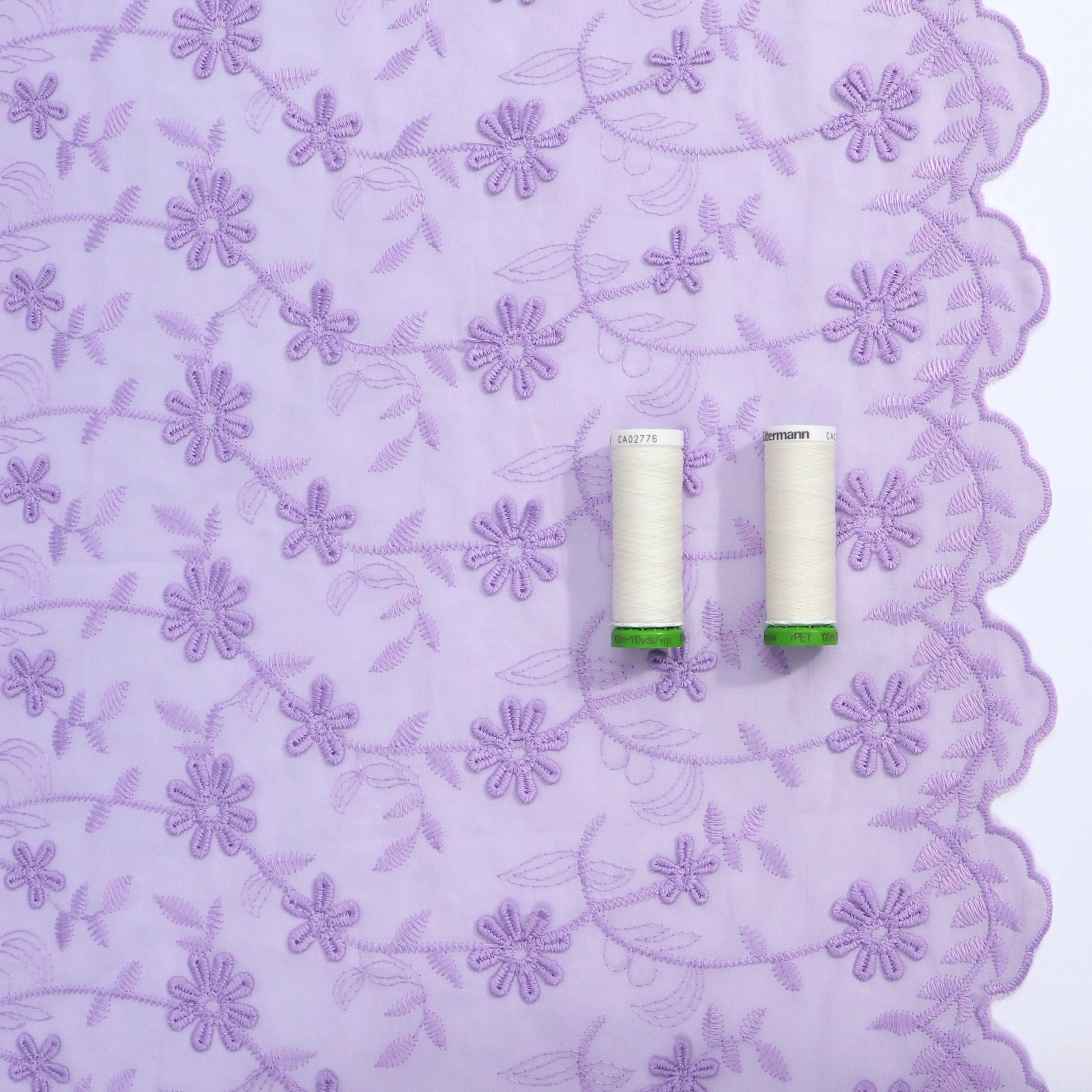 Cotton Voile - Embroidered 3D Flower - Lilac Purple - SALE