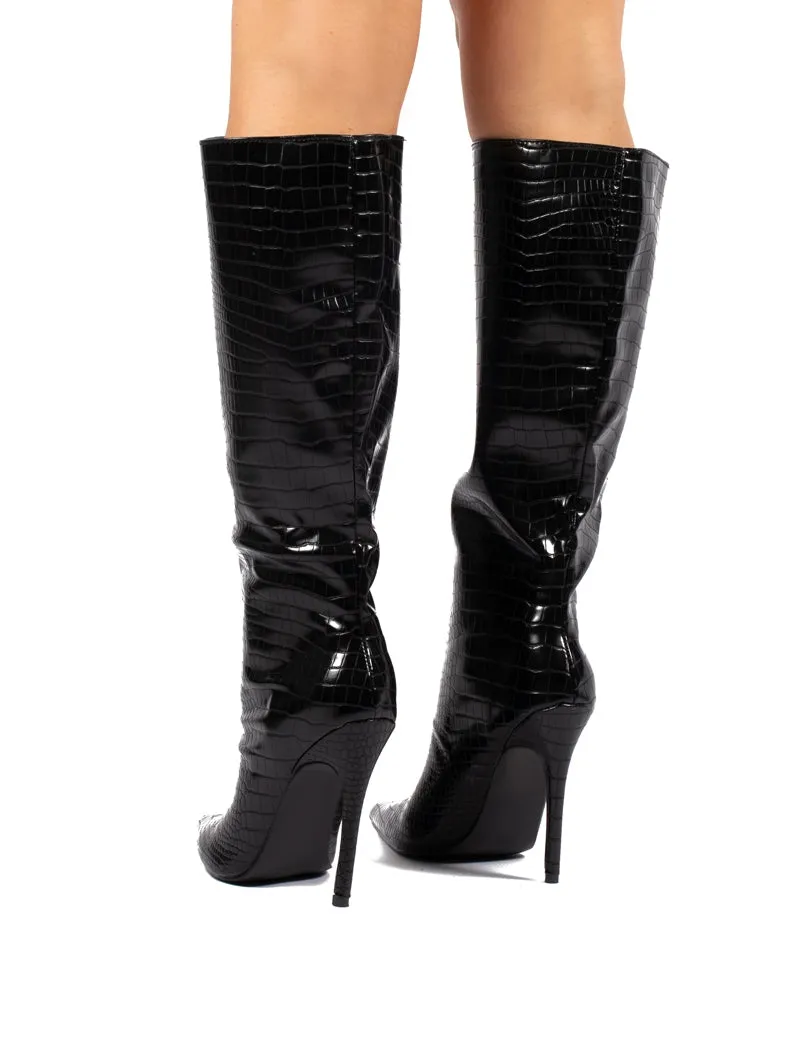 Define Black Croc Stiletto Heeled Boots