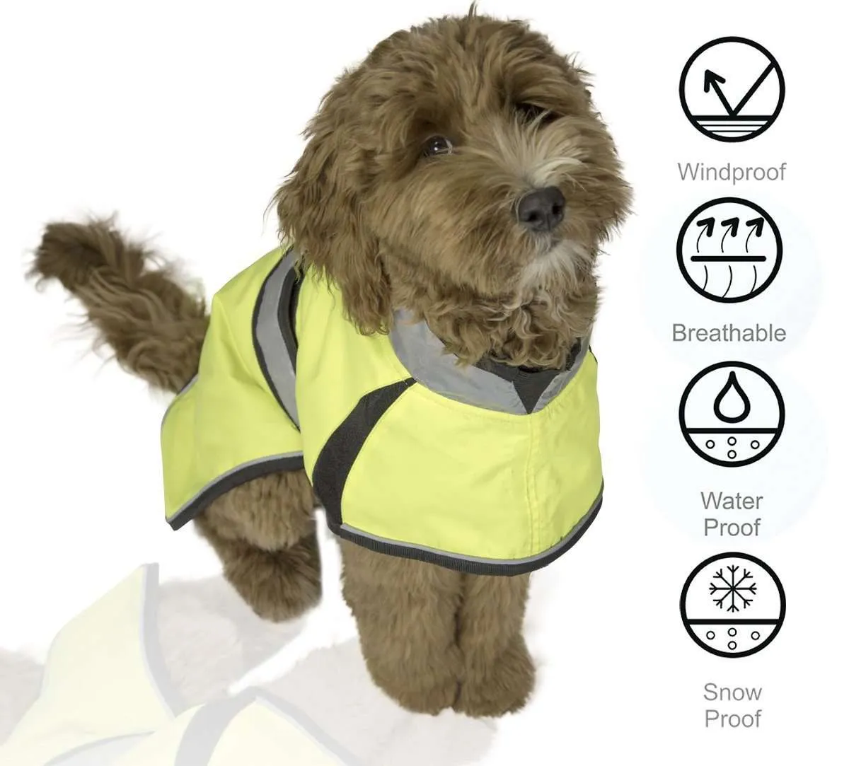 Derby Originals Light Up LED Waterproof Safety Yellow Dog Jacket with Reflective Trim, Belt, & Harness Compatible Opening