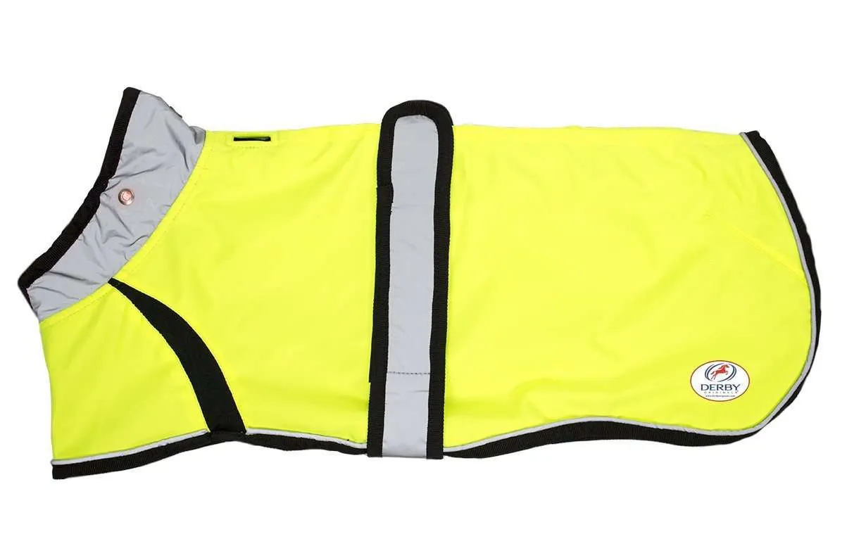 Derby Originals Light Up LED Waterproof Safety Yellow Dog Jacket with Reflective Trim, Belt, & Harness Compatible Opening