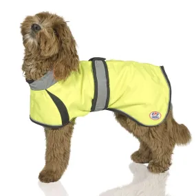 Derby Originals Light Up LED Waterproof Safety Yellow Dog Jacket with Reflective Trim, Belt, & Harness Compatible Opening