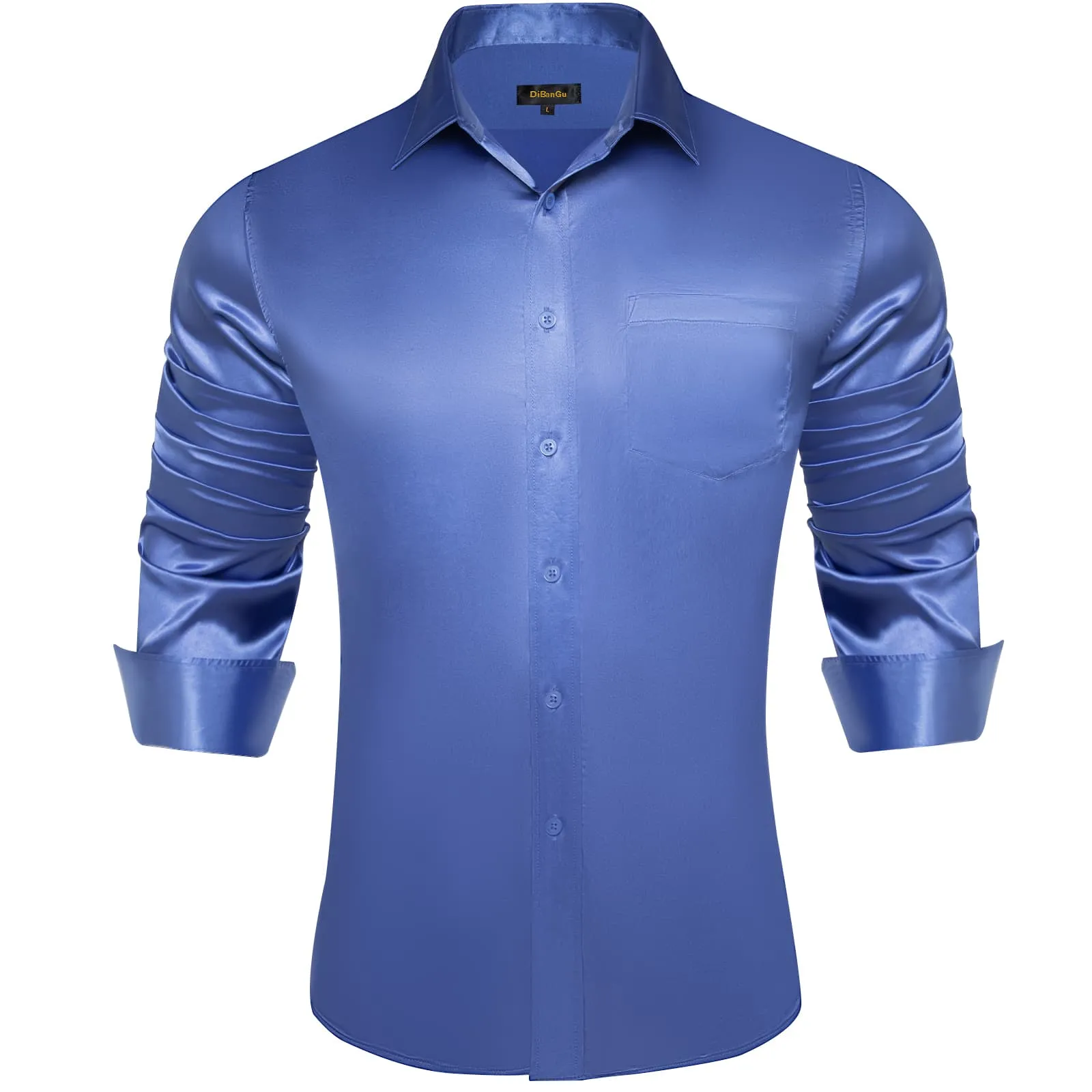 DiBanGu Blue Shirt Azure Solid Men's Long Sleeve Button Up Collared Shirt Top