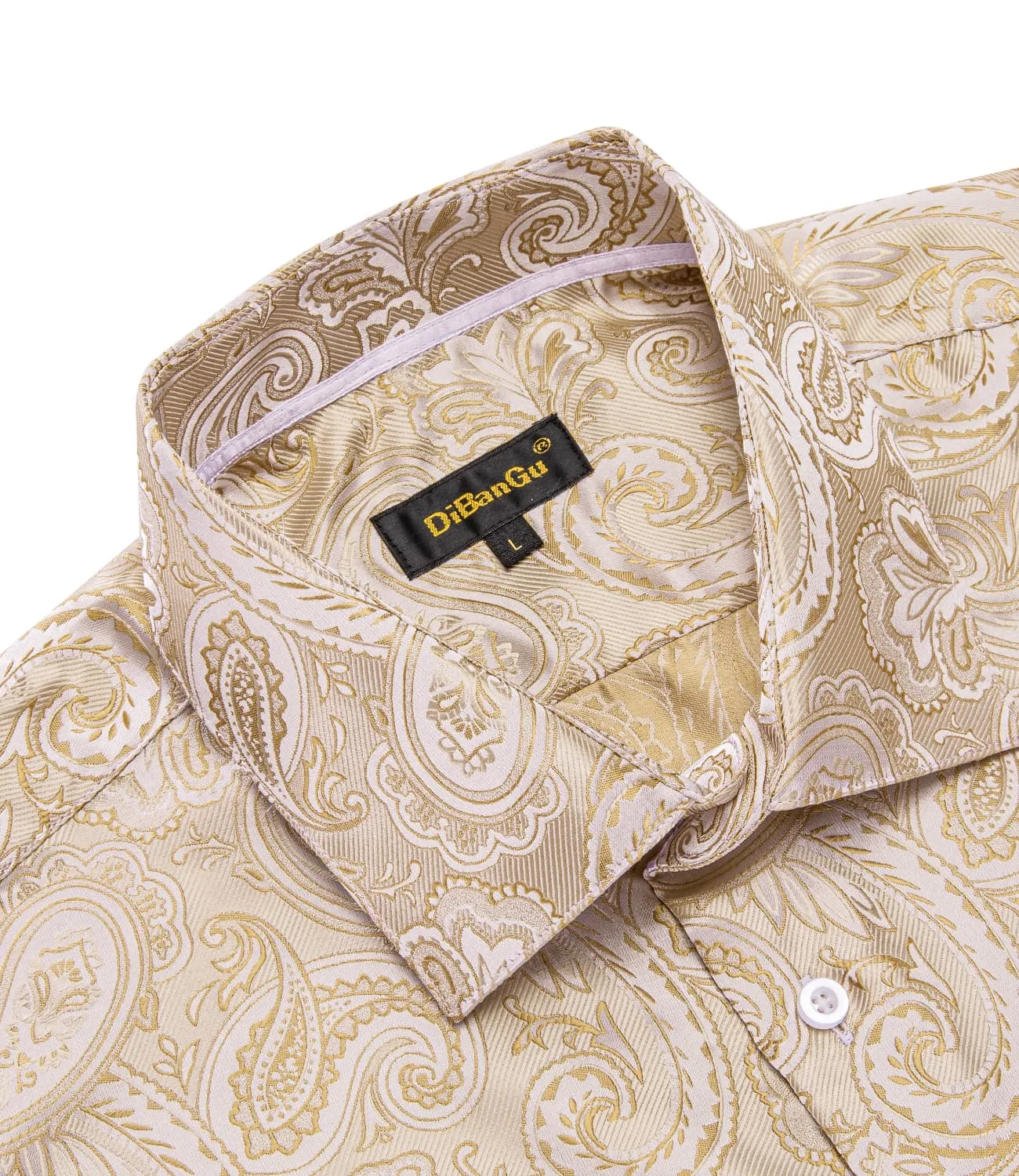 DiBanGu Collared Shirt Almond Brown Paisley Silk Button Down Long Sleeve Shirt for Men