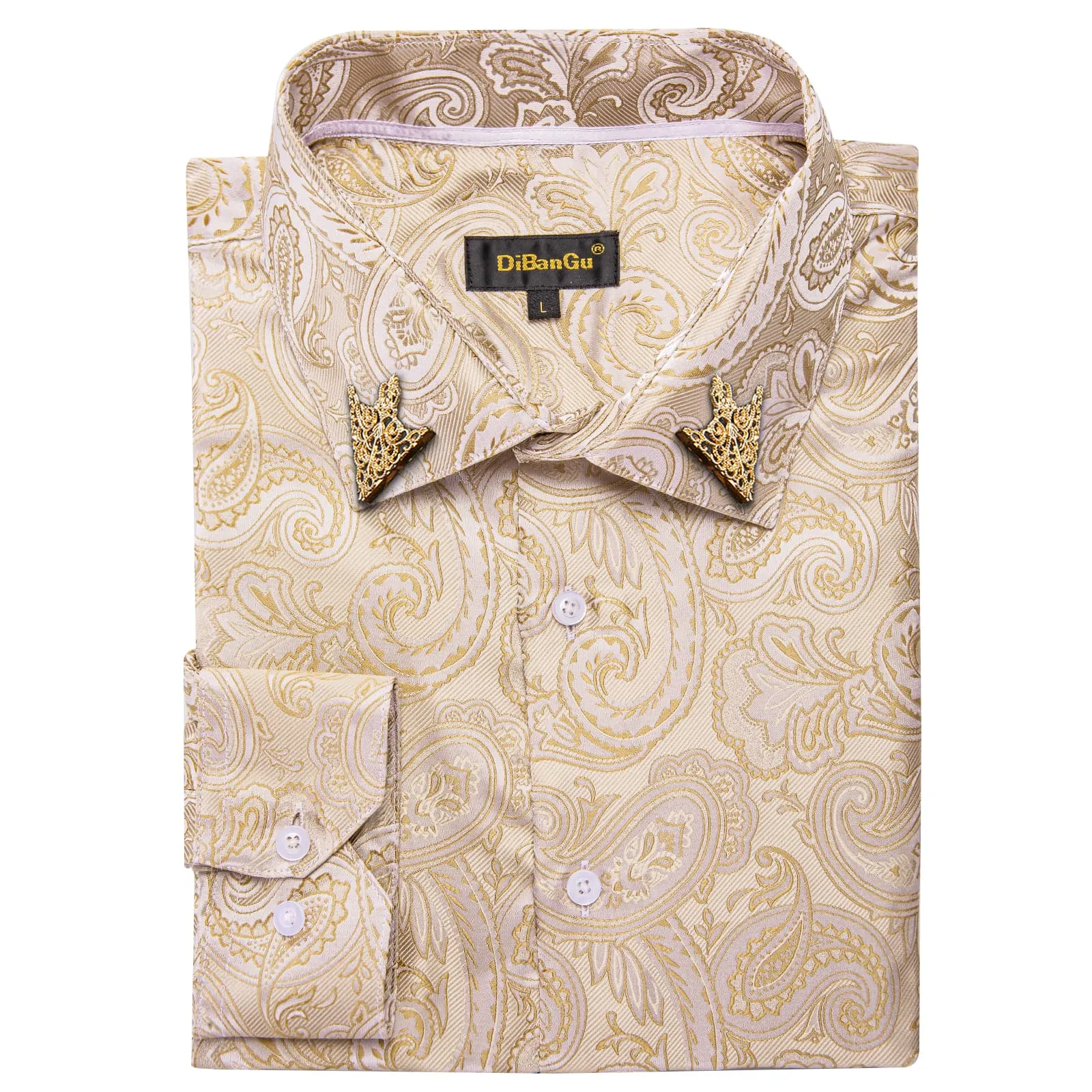 DiBanGu Collared Shirt Almond Brown Paisley Silk Button Down Long Sleeve Shirt for Men