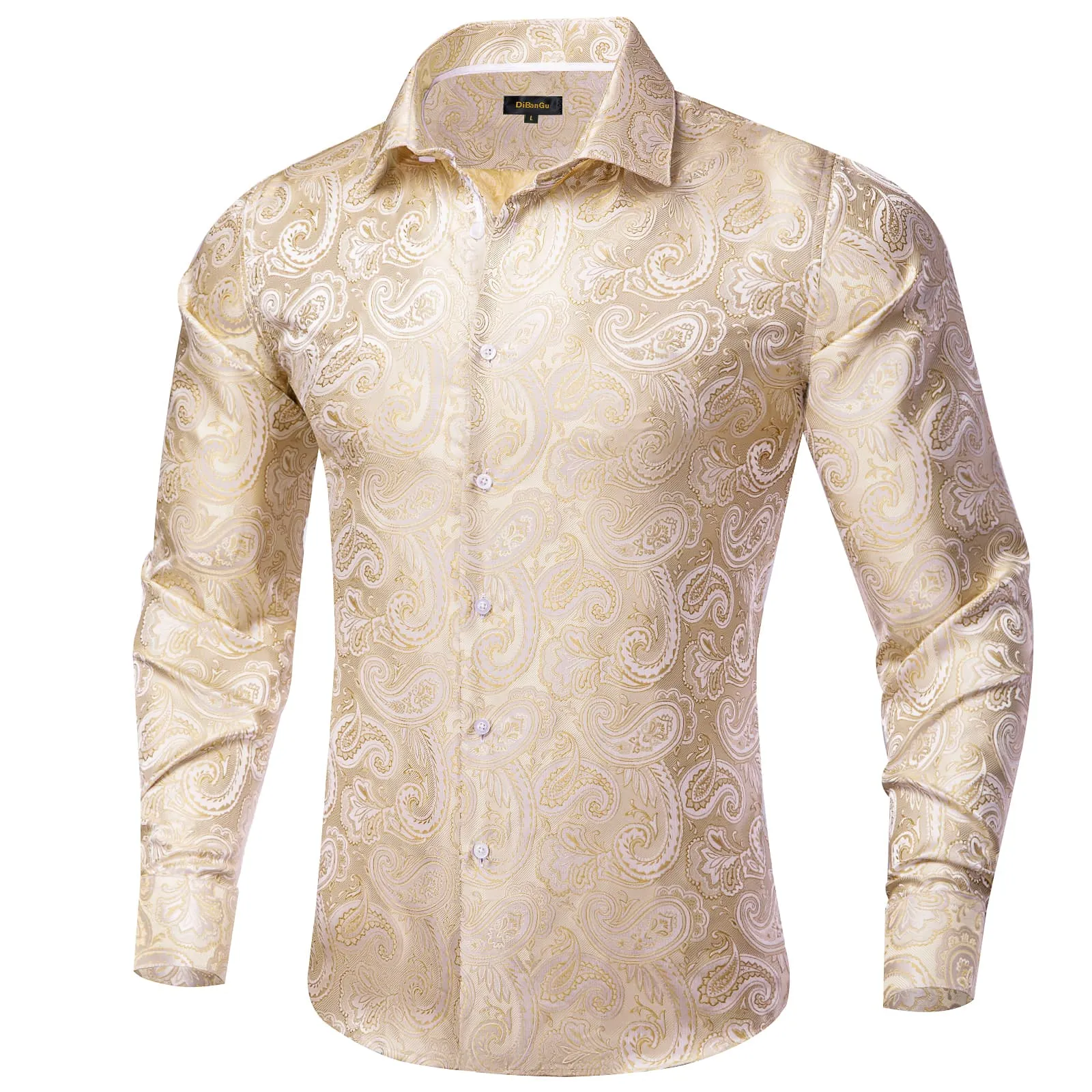 DiBanGu Collared Shirt Almond Brown Paisley Silk Button Down Long Sleeve Shirt for Men