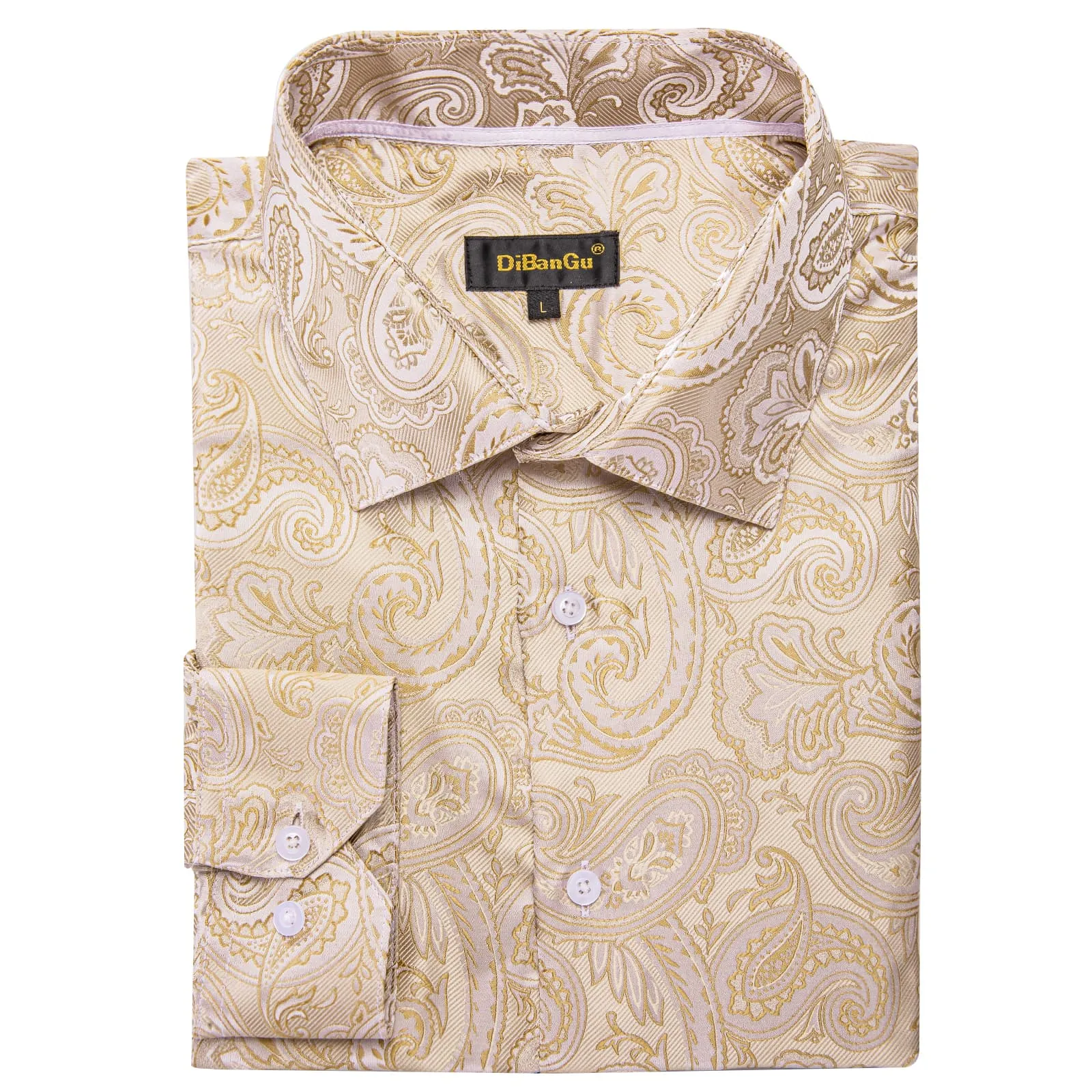 DiBanGu Collared Shirt Almond Brown Paisley Silk Button Down Long Sleeve Shirt for Men