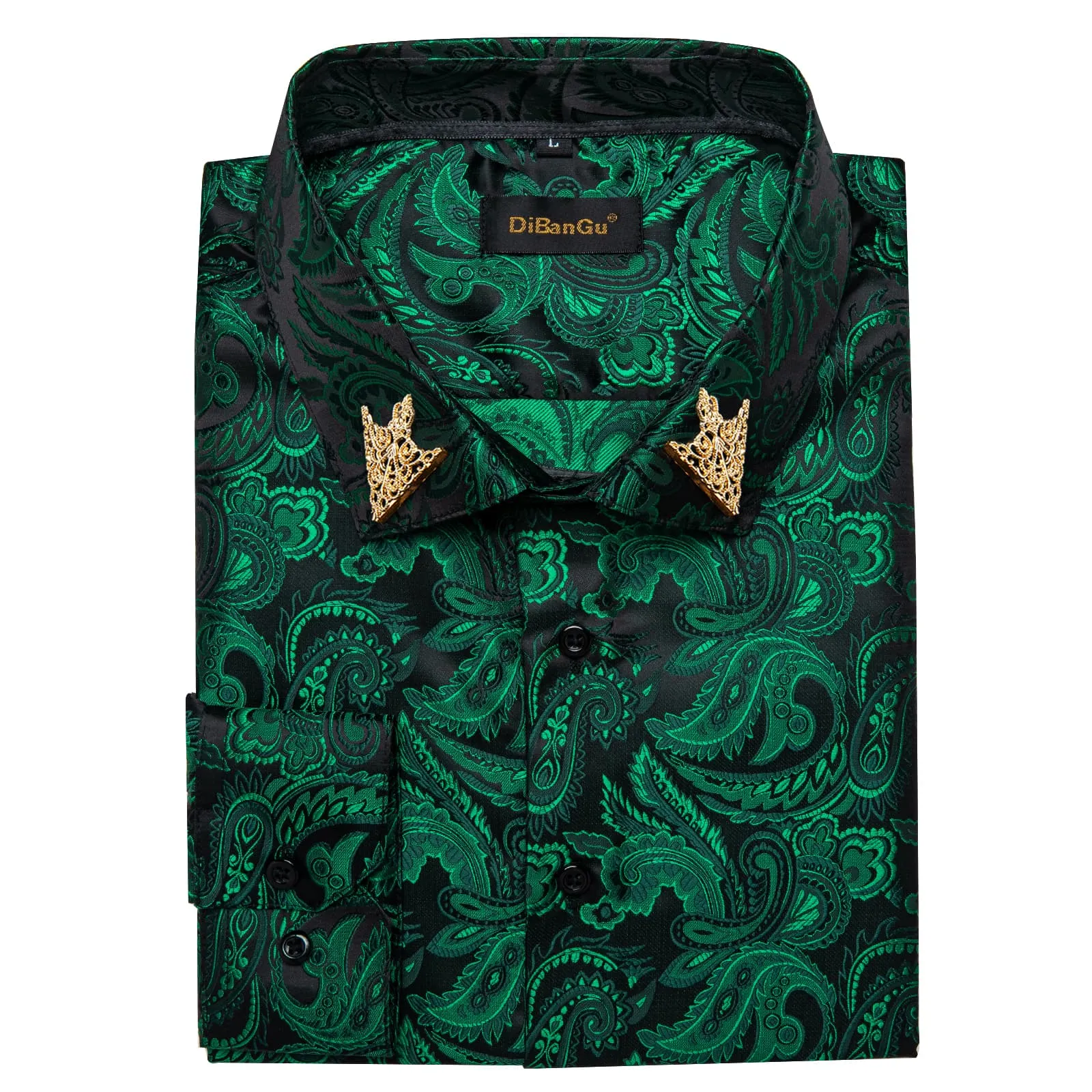 DiBanGu Collared Shirt Deep Green Floral Silk Button Down Long Sleeve Mens Shirt Dress