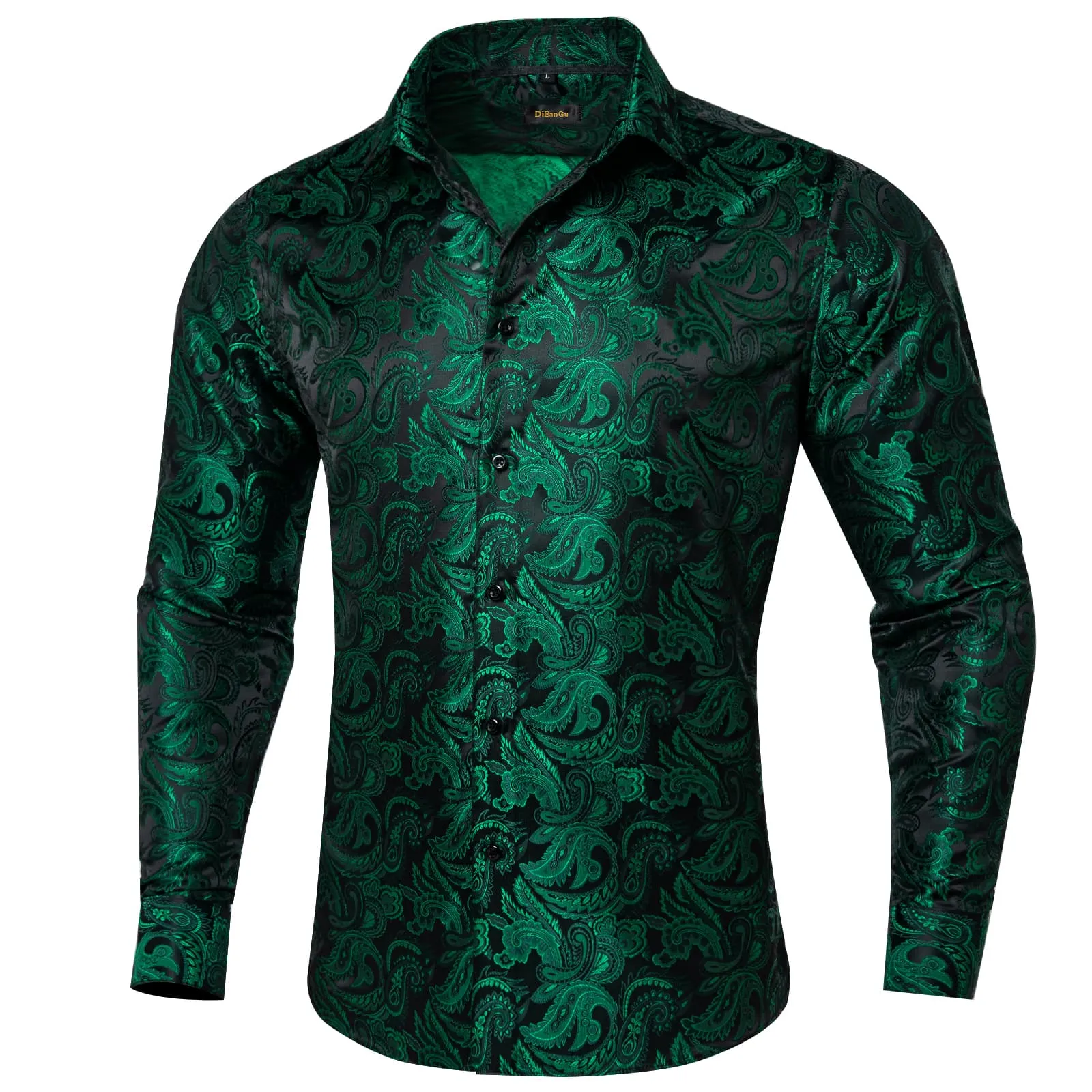 DiBanGu Collared Shirt Deep Green Floral Silk Button Down Long Sleeve Mens Shirt Dress