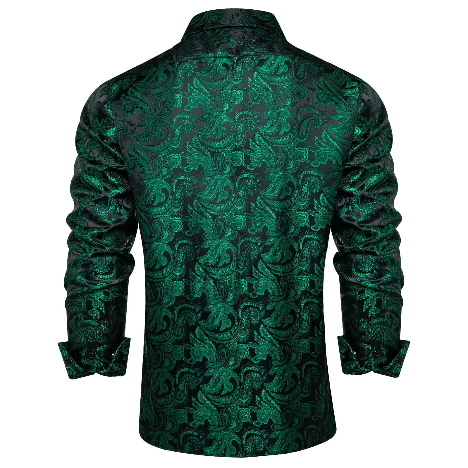 DiBanGu Collared Shirt Deep Green Floral Silk Button Down Long Sleeve Mens Shirt Dress