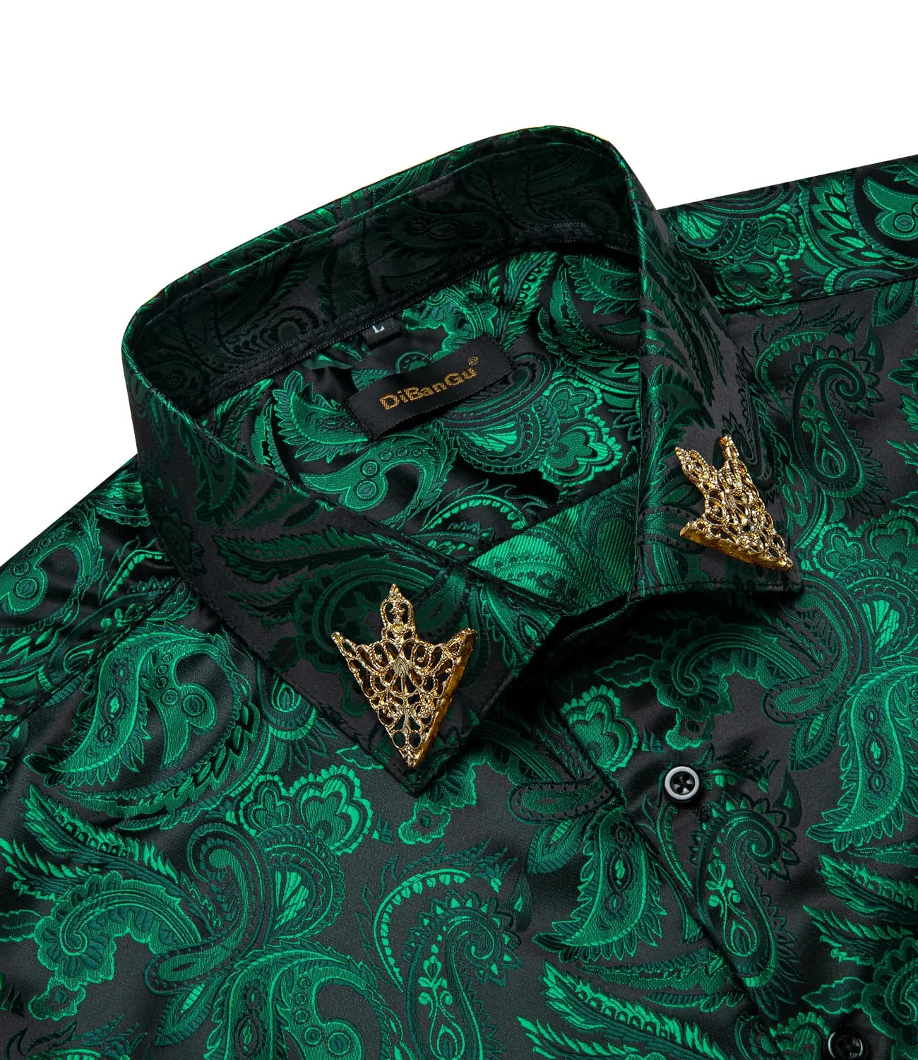 DiBanGu Collared Shirt Deep Green Floral Silk Button Down Long Sleeve Mens Shirt Dress