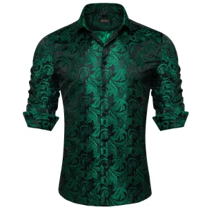 DiBanGu Collared Shirt Deep Green Floral Silk Button Down Long Sleeve Mens Shirt Dress