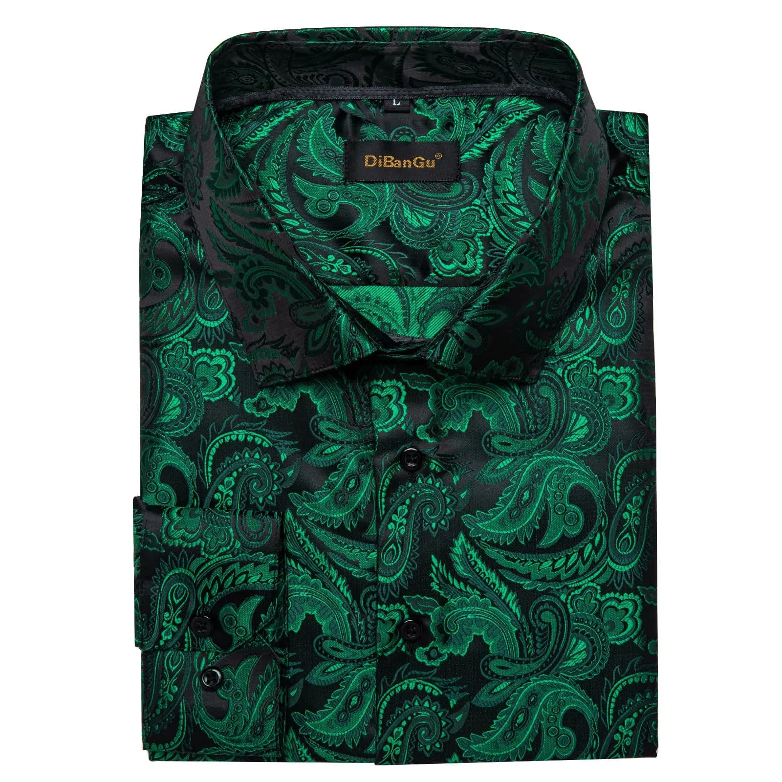 DiBanGu Collared Shirt Deep Green Floral Silk Button Down Long Sleeve Mens Shirt Dress