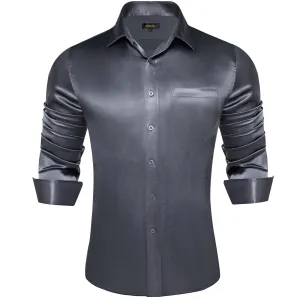 DiBanGu Collared Shirt Lead Grey Solid Men's Long Sleeve Button Up Shirt Top