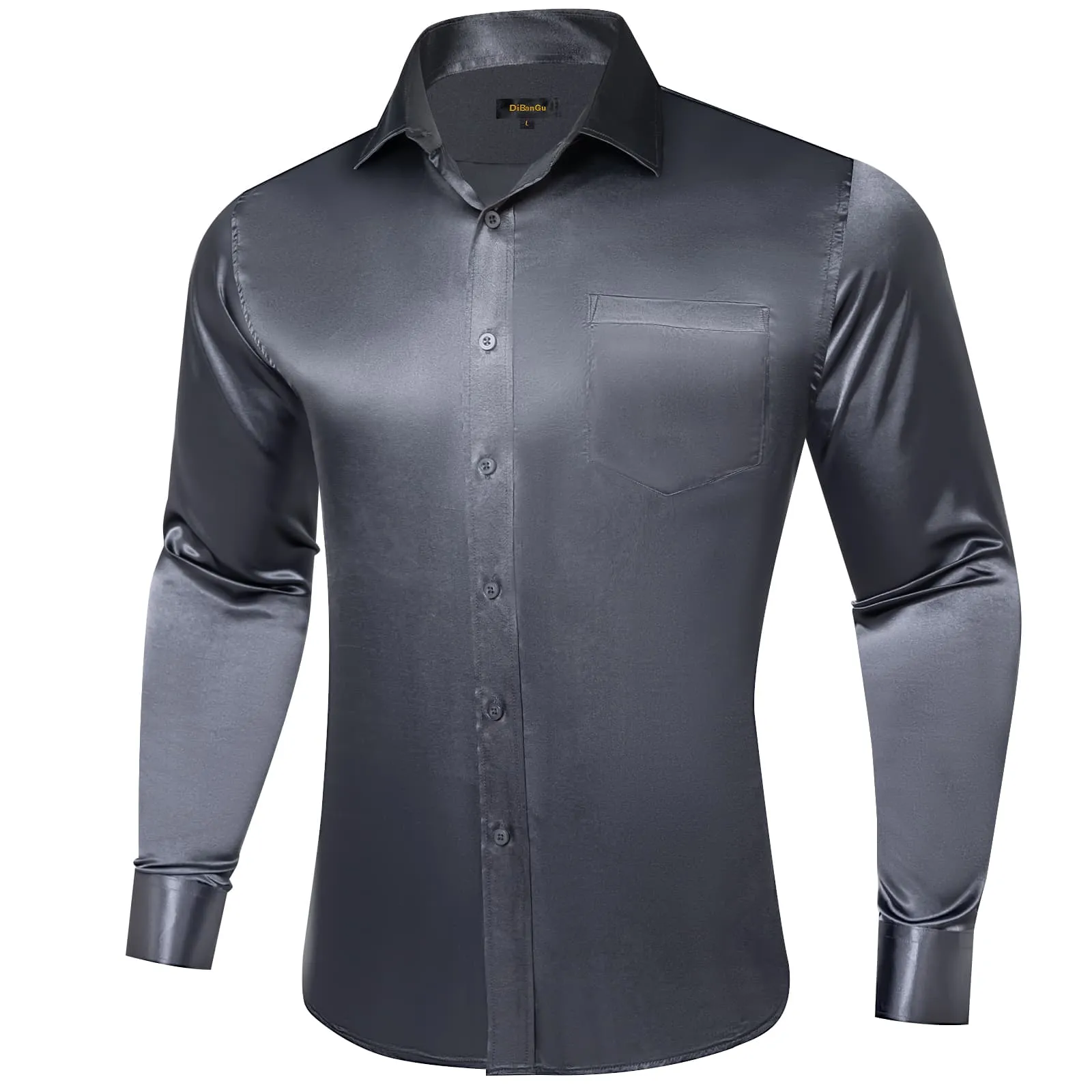 DiBanGu Collared Shirt Lead Grey Solid Men's Long Sleeve Button Up Shirt Top