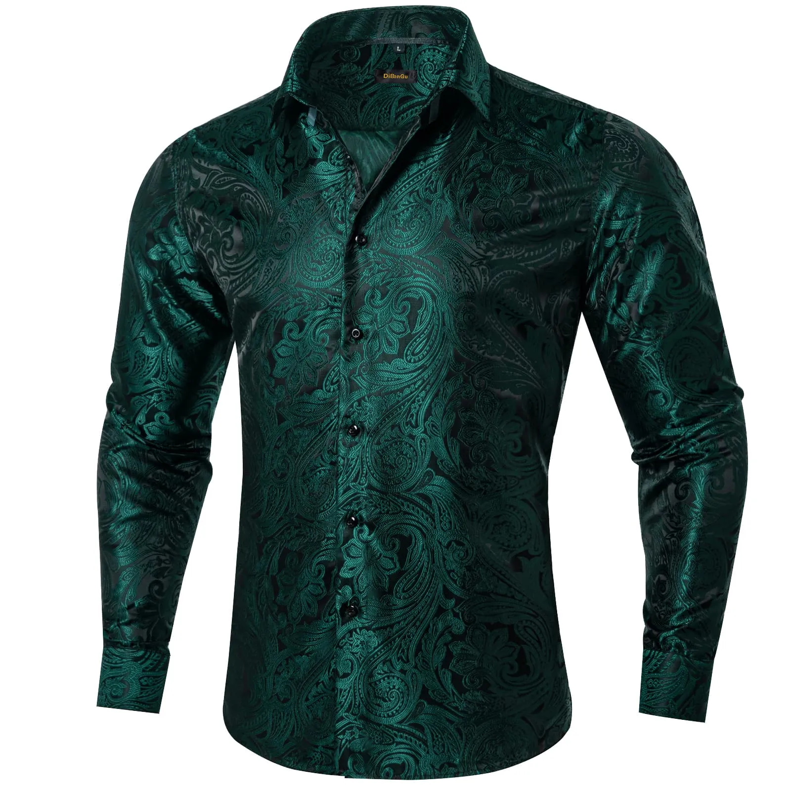 DiBanGu Dress Shirt Medium Jungle Green Paisley Long Sleeve Button Up Silk Shirt for Men