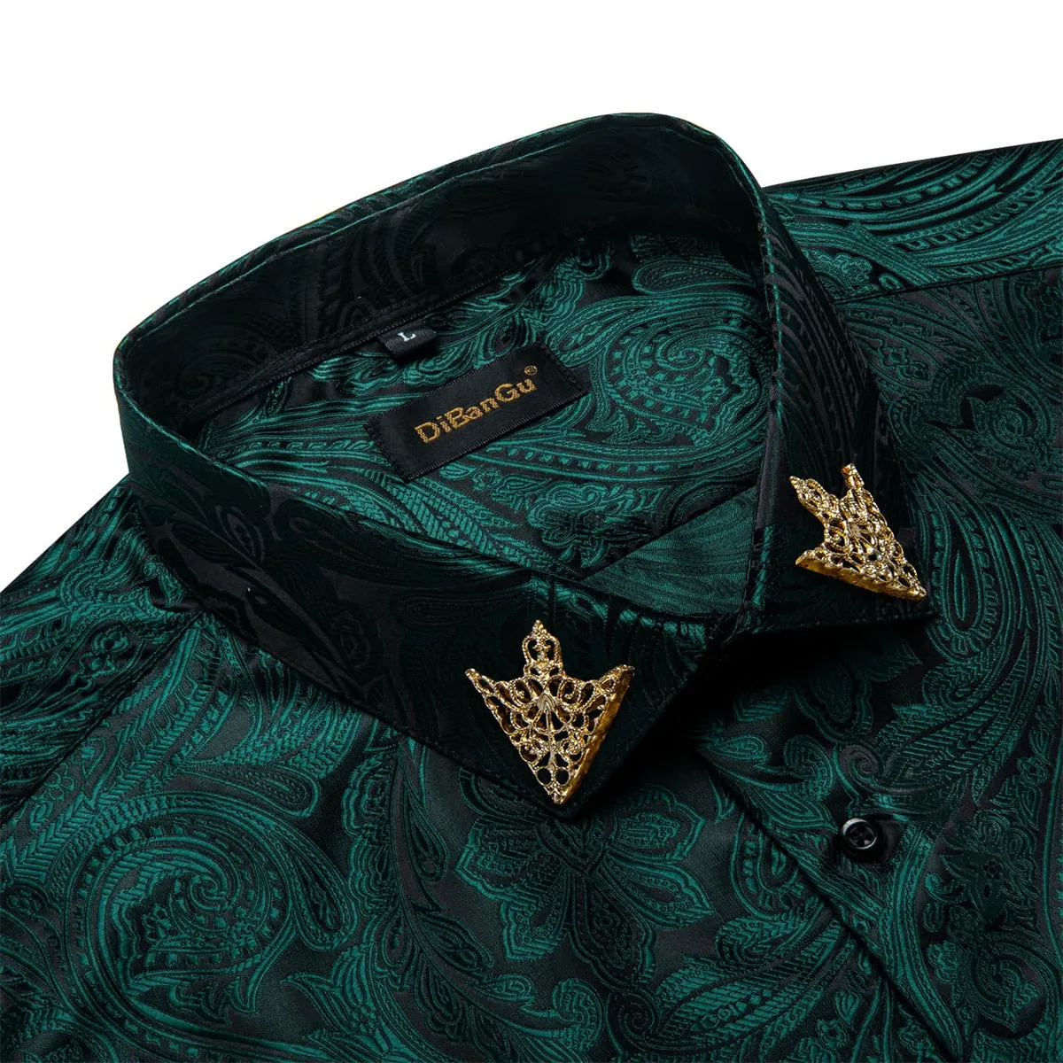 DiBanGu Dress Shirt Medium Jungle Green Paisley Long Sleeve Button Up Silk Shirt for Men